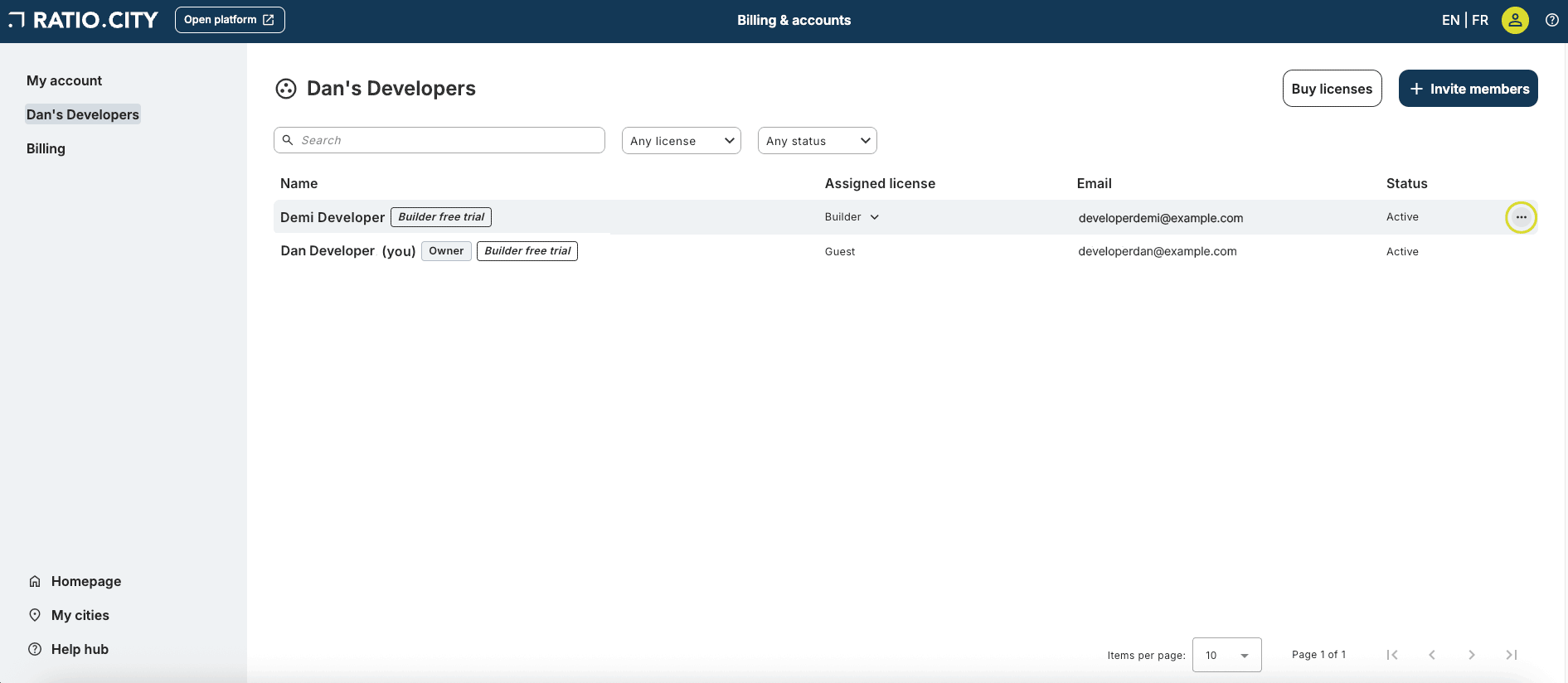 Screenshot of an online billing platform showing a user's account with two developers, Demi Developer and Dan Developer, listed with their email addresses and statuses.