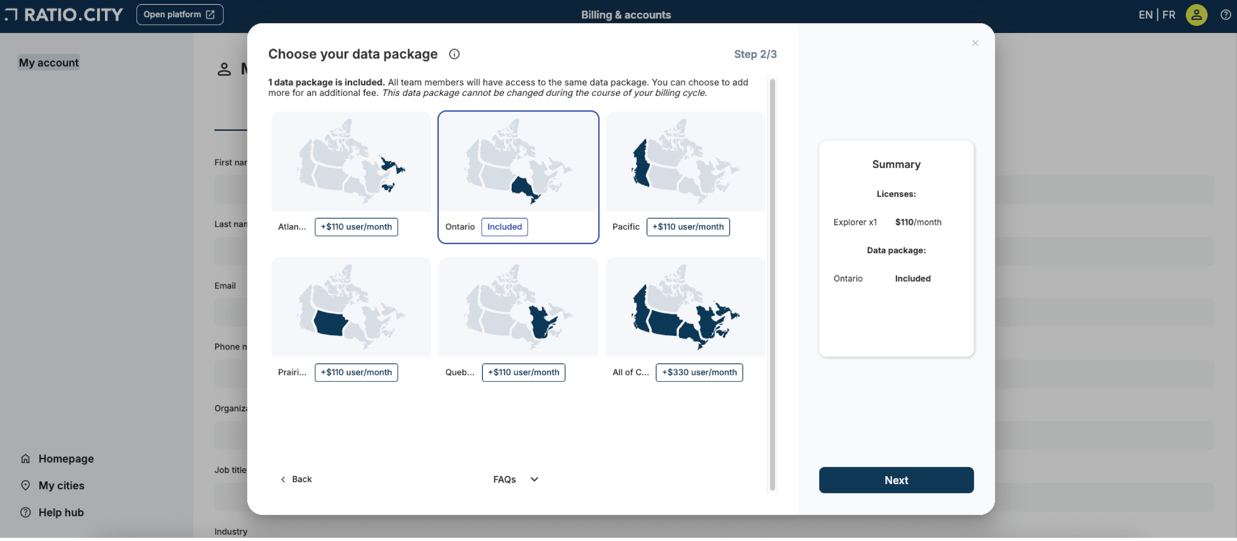 Screenshot of an online data packages