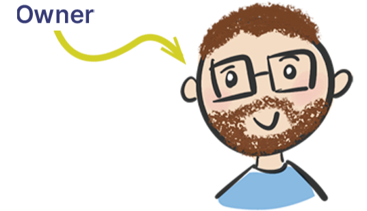 Cartoon illustration of a smiling man with glasses, brown hair, and a beard, wearing a blue shirt.