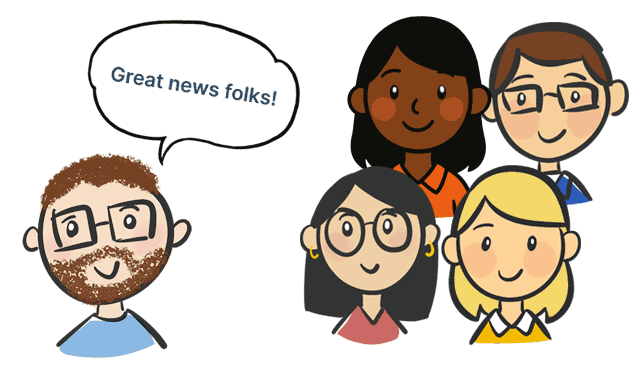 Cartoon illustration of five diverse happy people