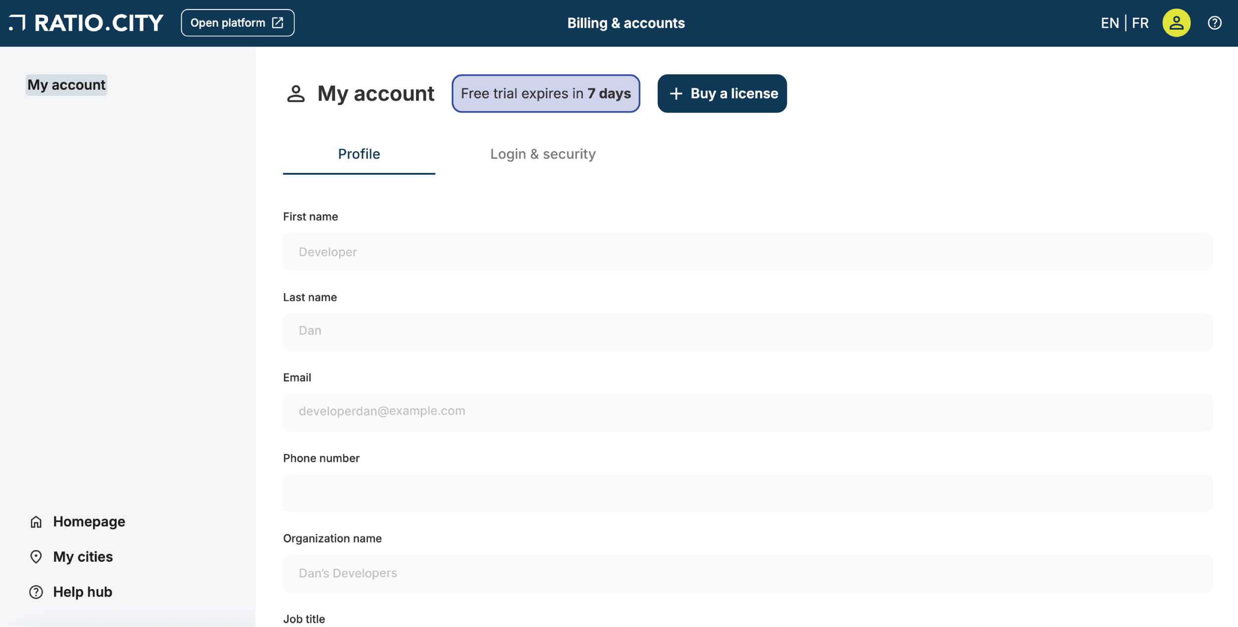 Screenshot of a user profile page from a website called RATIO.CITY, showing account details, a message that a free trial expires in 7 days, and options to buy a license.
