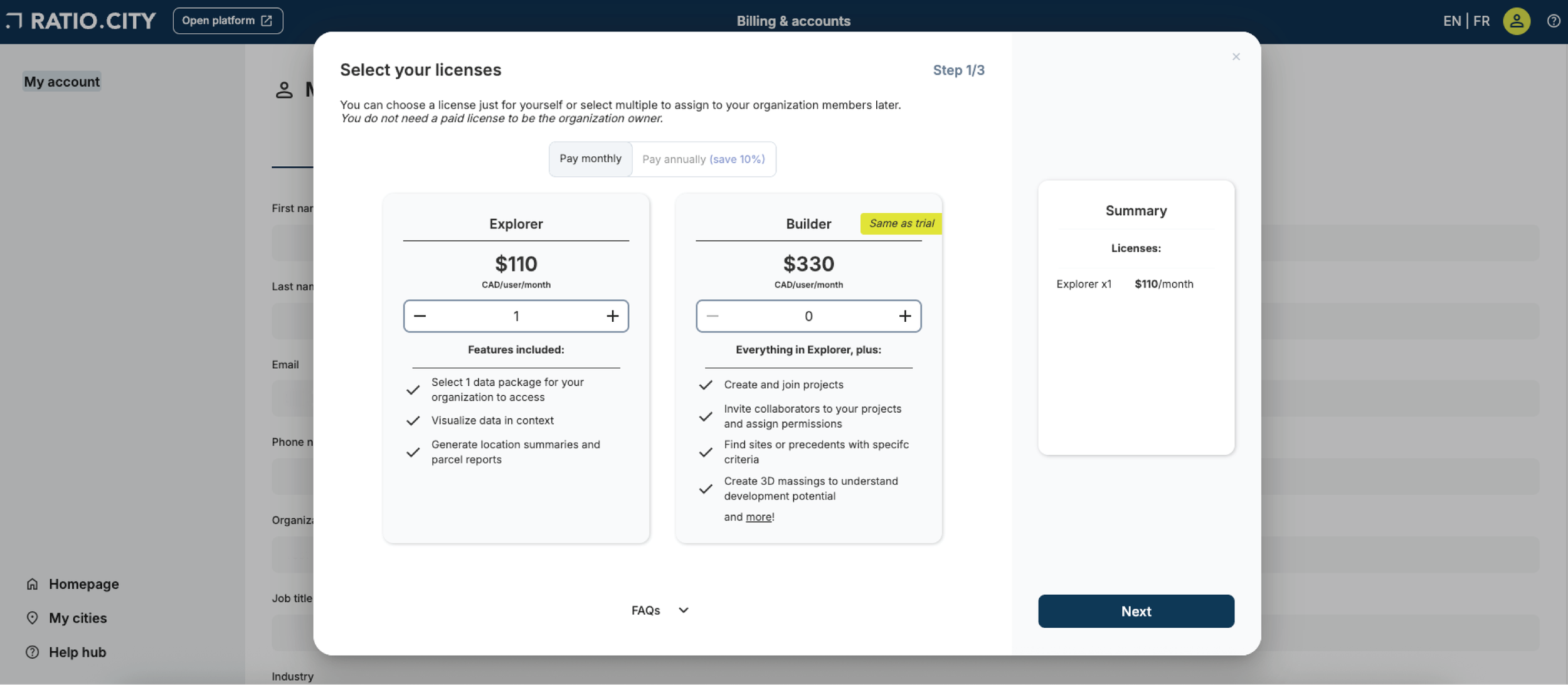 Screenshot of a computer screen showing a licensing options pop-up window on Ratio.city with plans for Explorer and Builder, including prices, features, and a summary section.