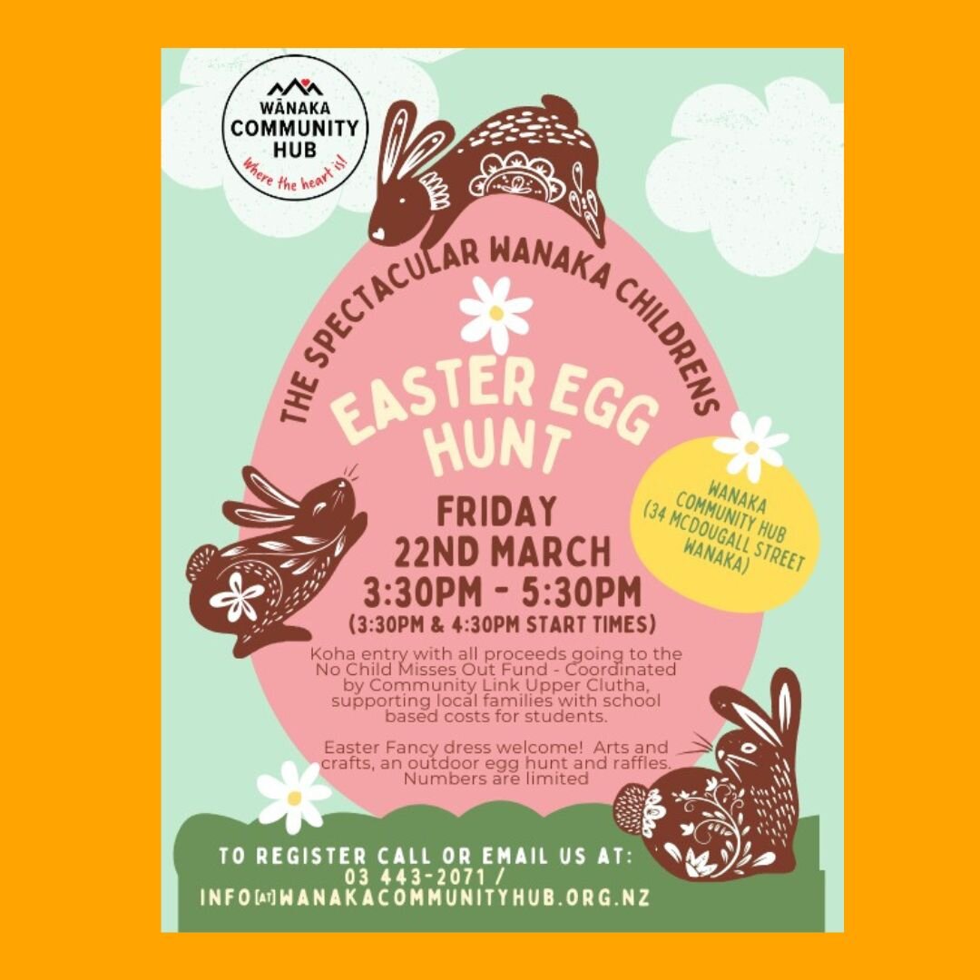 Our friends at the Wanaka Community Hub are back with their famous Easter Egg Hunt! Be in quick to sign the kids up - all proceeds are going towards our 'No Child Misses Out' Fund, supporting Wanaka kids with school related costs.
.
.
.
.
#wanakacomm