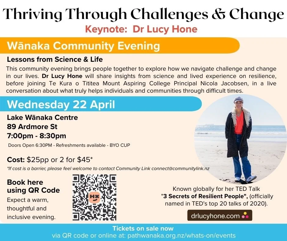 Community link in partership with Path Wānaka Ara ki Wānaka, warmly welcomes Dr Lucy Hone to Wānaka. This event offers a unique opportunity to hear a live conversation about what truly helps individuals and communities through challenging times.
We&r