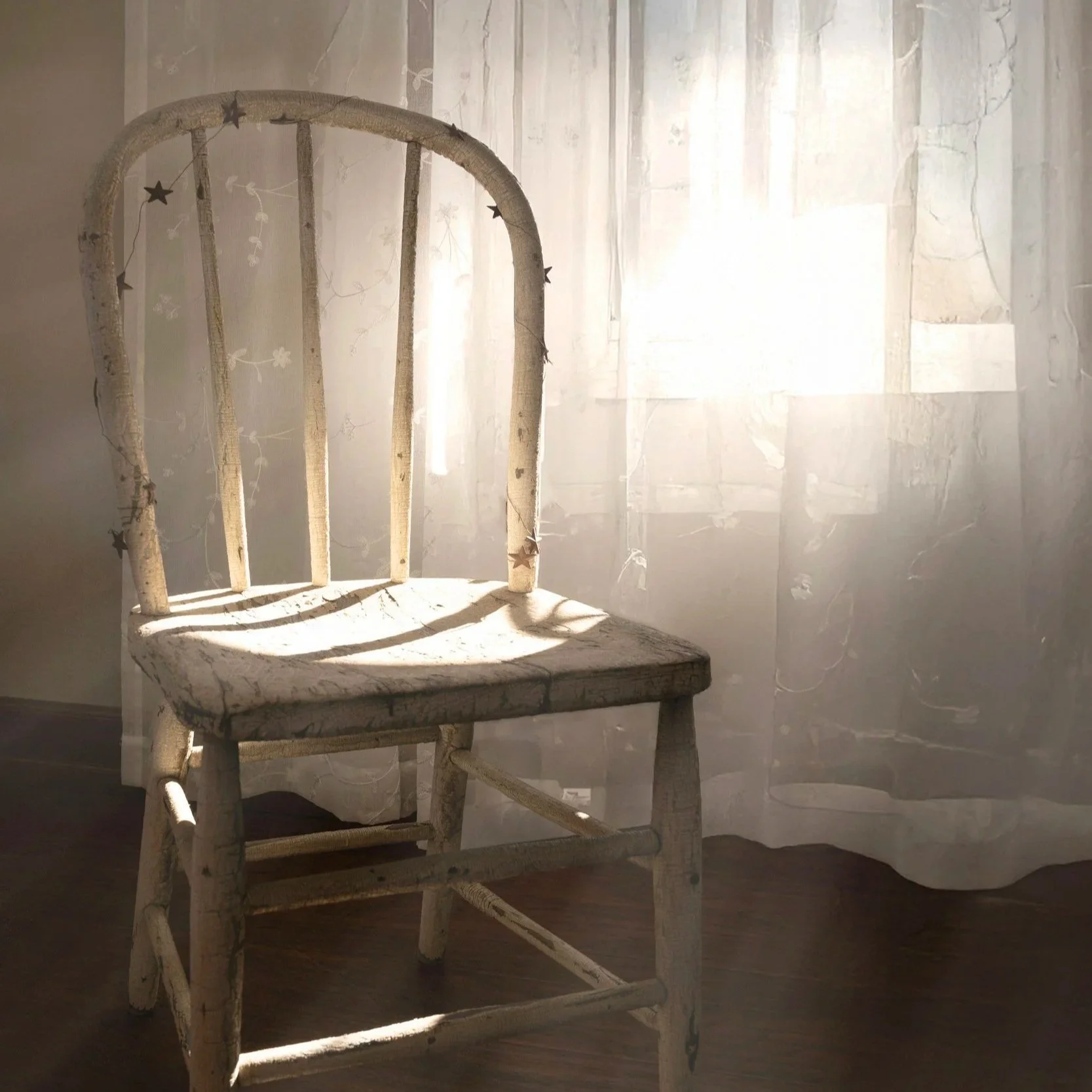 An old wooden chair in warm morning sunlight, waiting in a quiet room before a therapy session