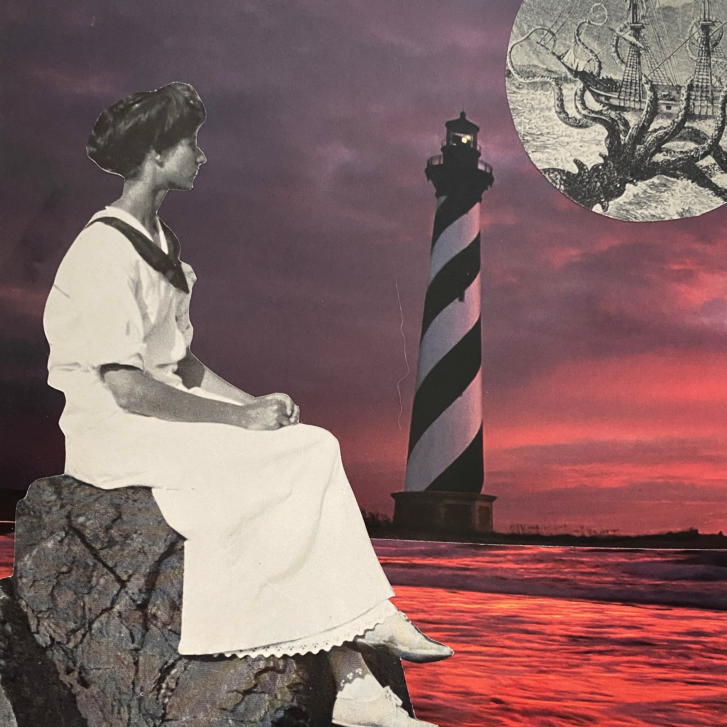 "Waiting",  2021, Hand cut paper collage on board with resin, unframed, 7x7"