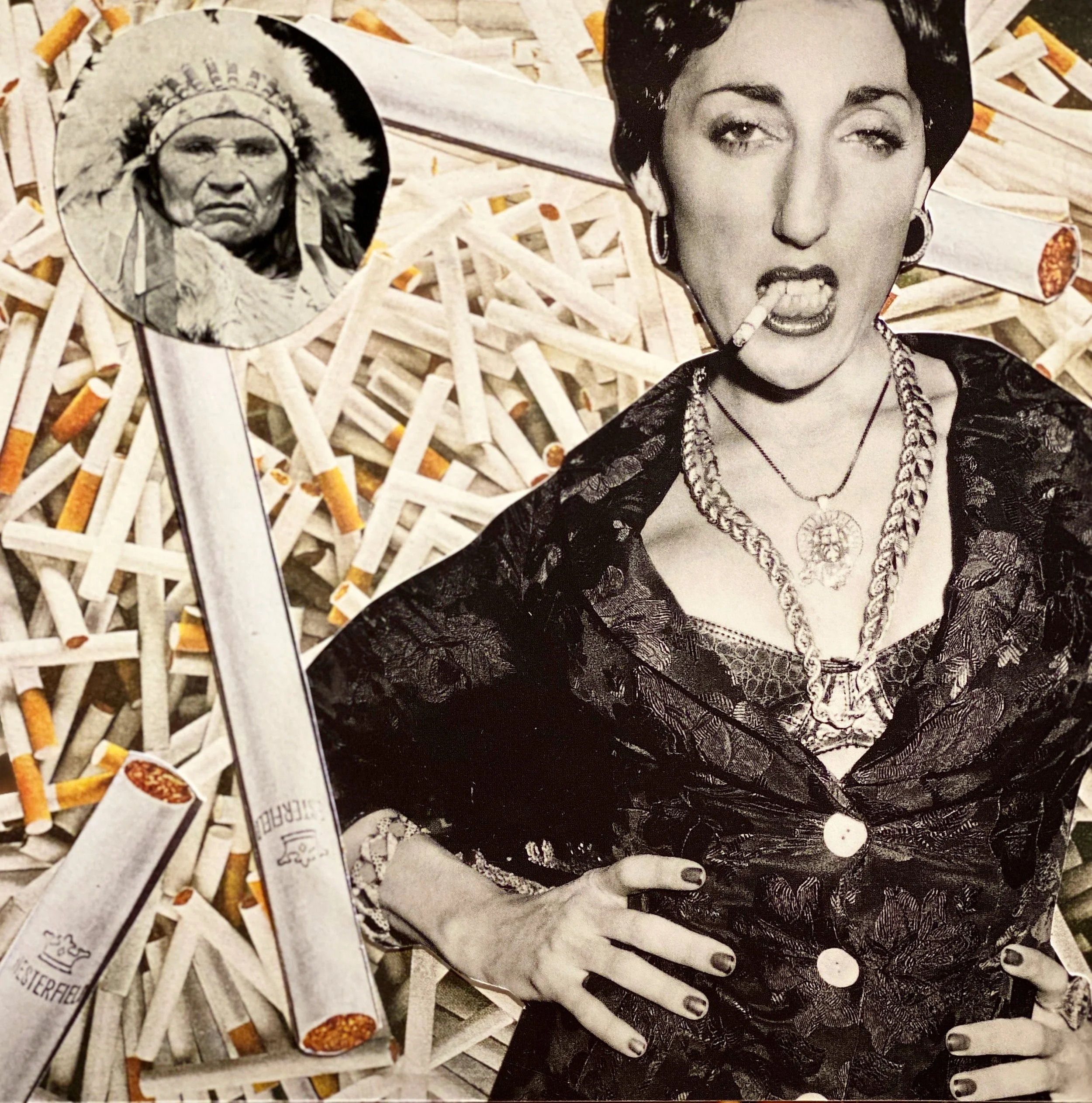 "Much Like Her Great-Grandfather, Rosie had an infinity for Tobacco", 2020, Hand cut paper collage and resin on board, unframed, 7x7"