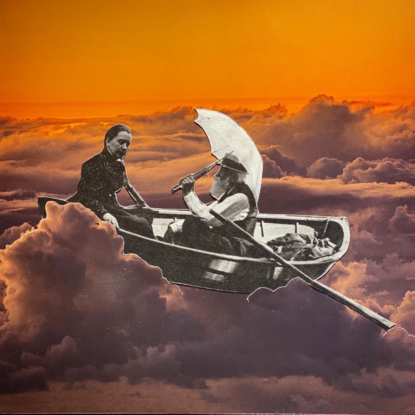 "Floating Sunday",  2021, Hand cut paper collage on board with resin, unframed, 7x7"