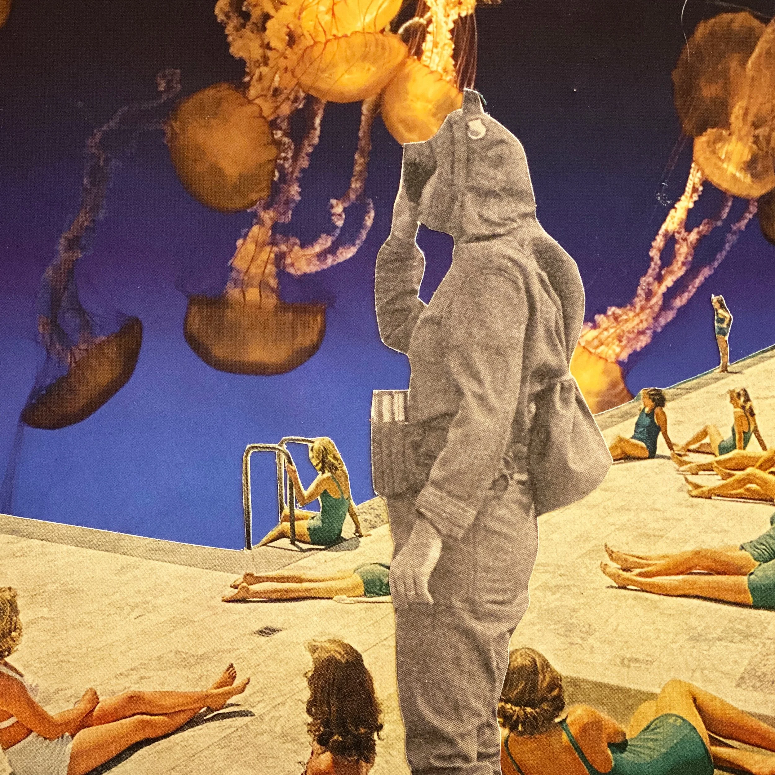 "Going Deep Poolside", 2021, Hand cut paper collage on board with resin, unframed, 7x7"