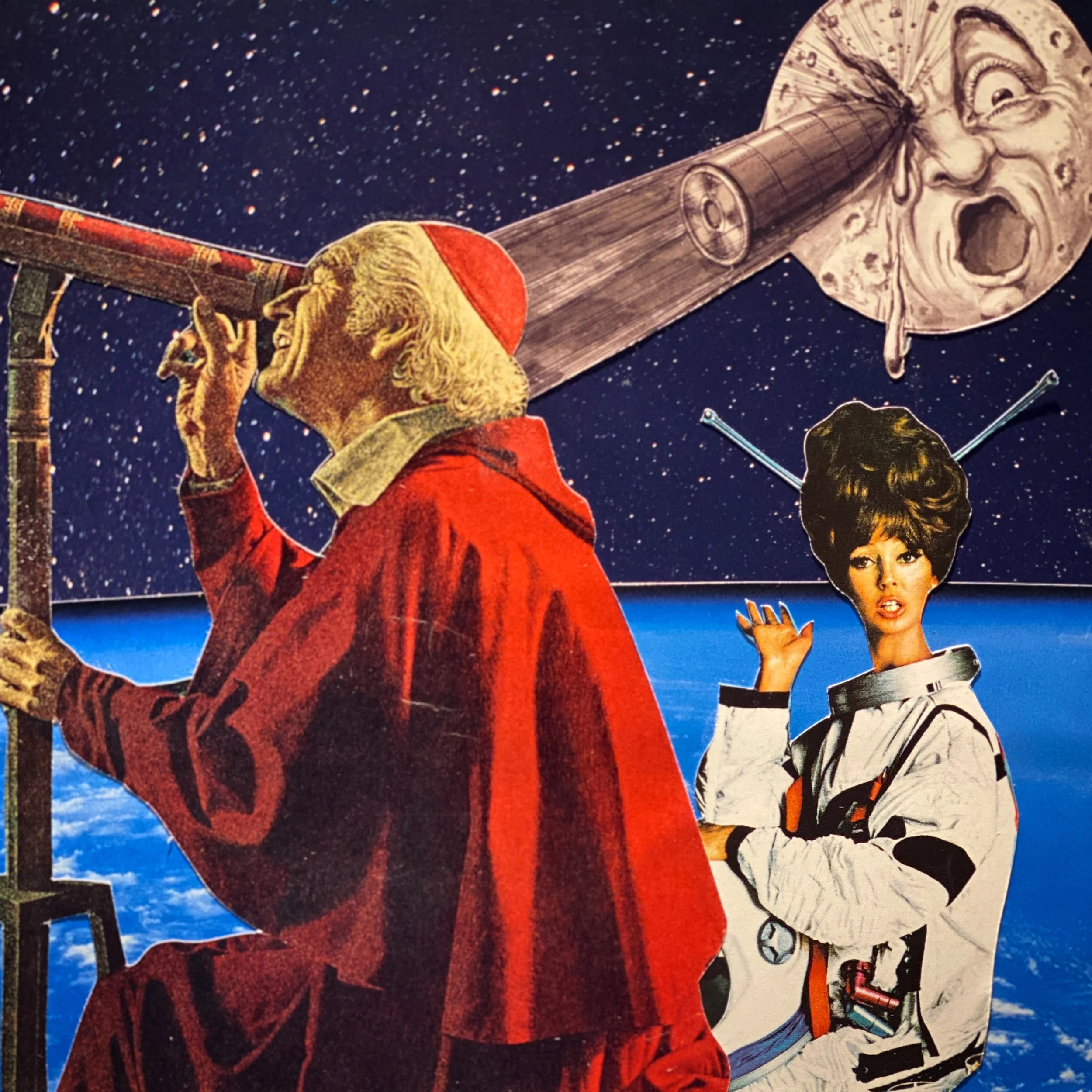 “Straight to the moon Alice!”, 2021, Hand cut paper collage on board with resin, unframed, 7x7"