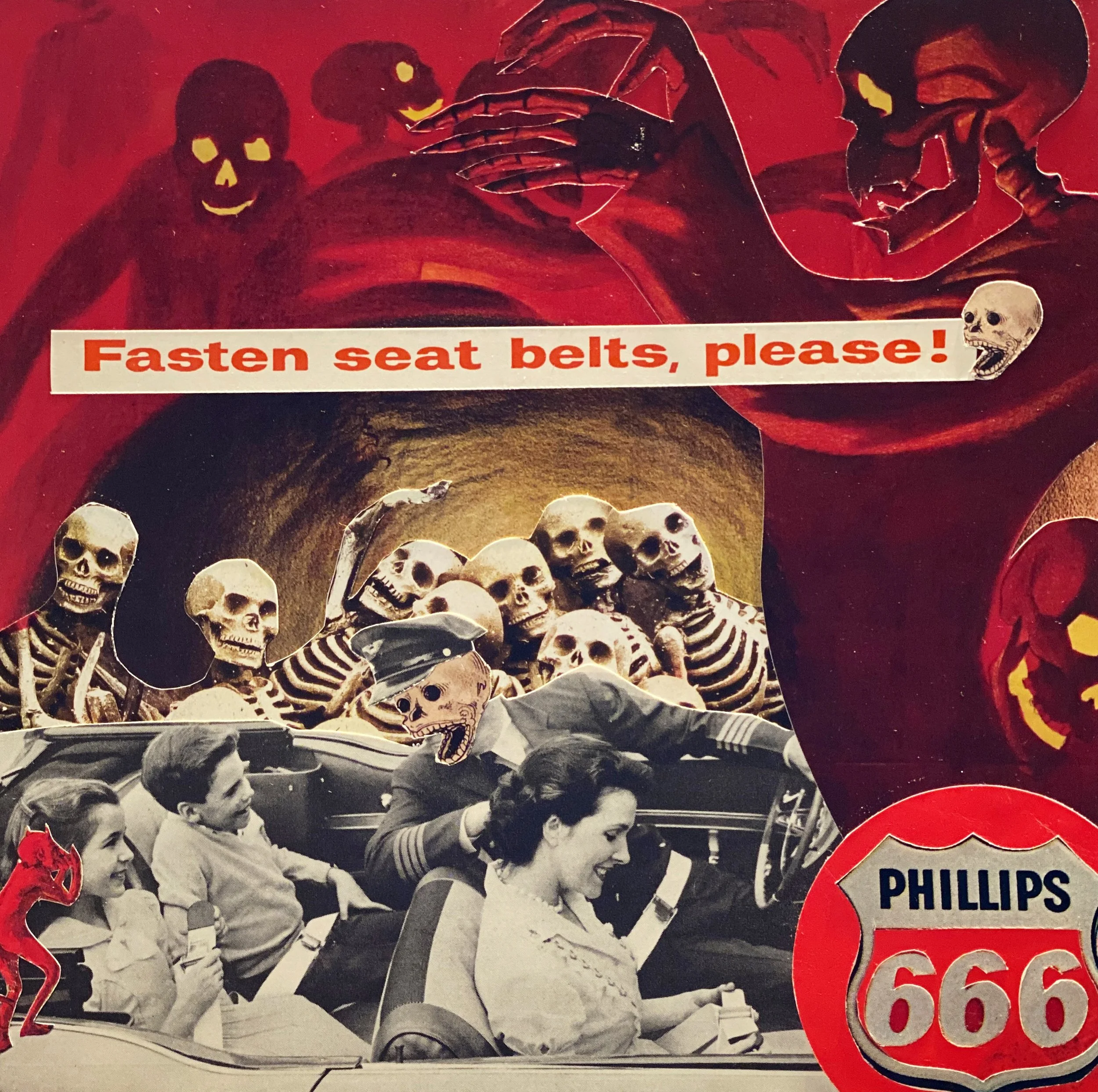 "Buckle Up!", 2020,  Hand cut paper collage on board with resin, unframed, 7x7"