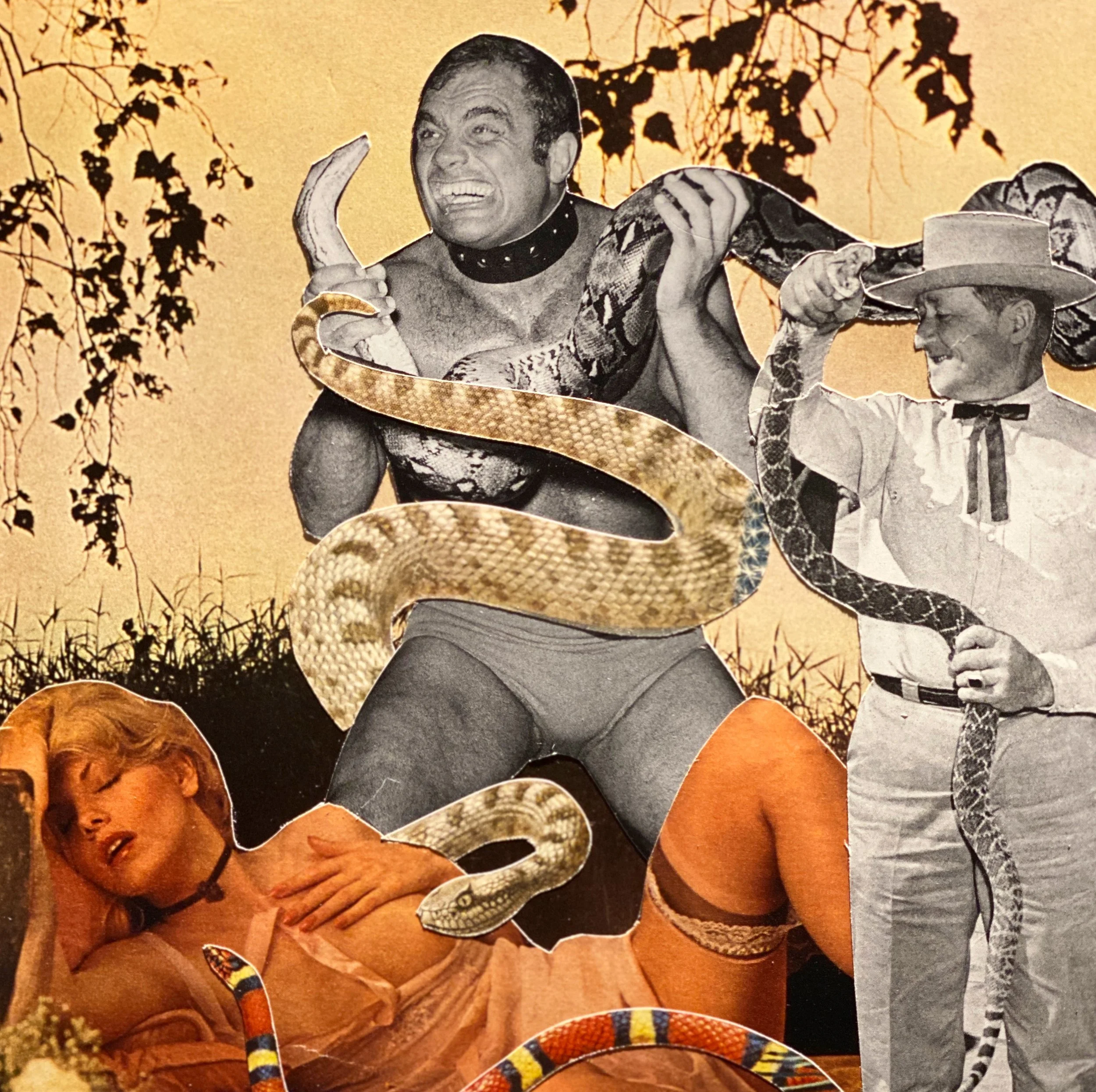  "Snake in the High Grass", 2020, Hand cut paper collage on board with resin, unframed, 7x7"