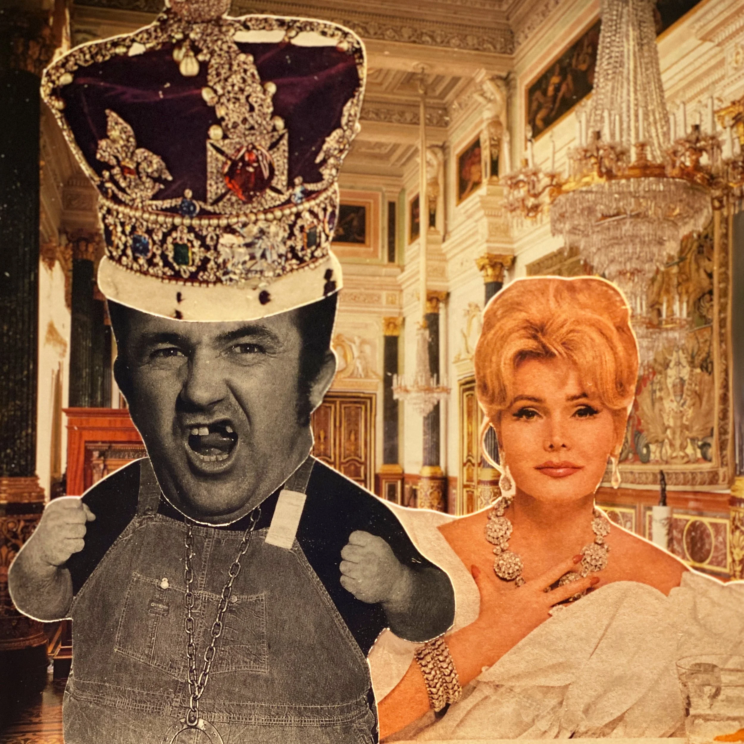 "Nouveau Riche", 2020, Hand cut paper collage on board with resin, unframed, 7x7"