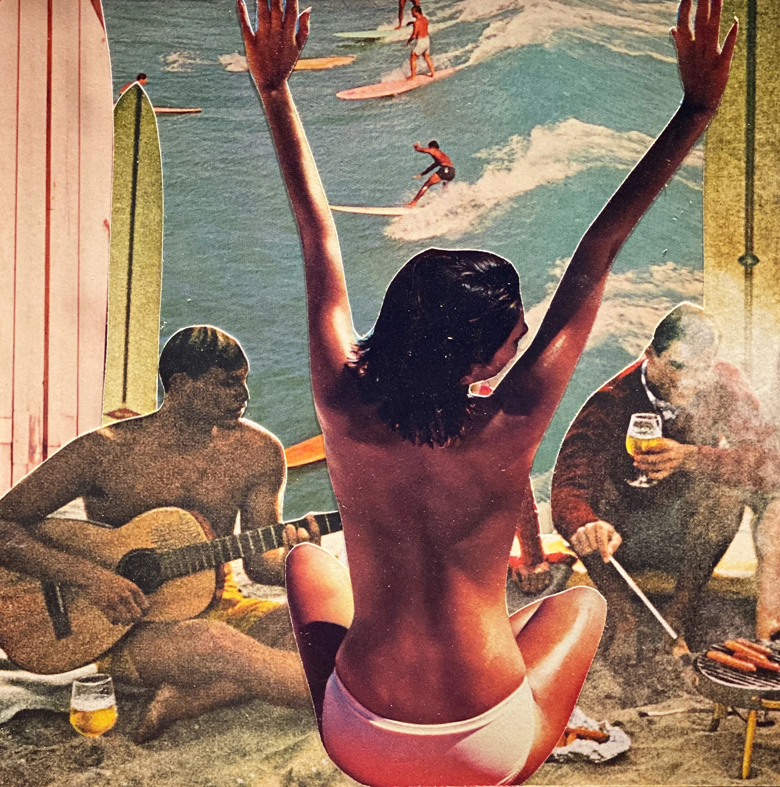 "Hooray for Local Summer", 2020, Hand cut paper collage on board with resin, unframed, 7x7"
