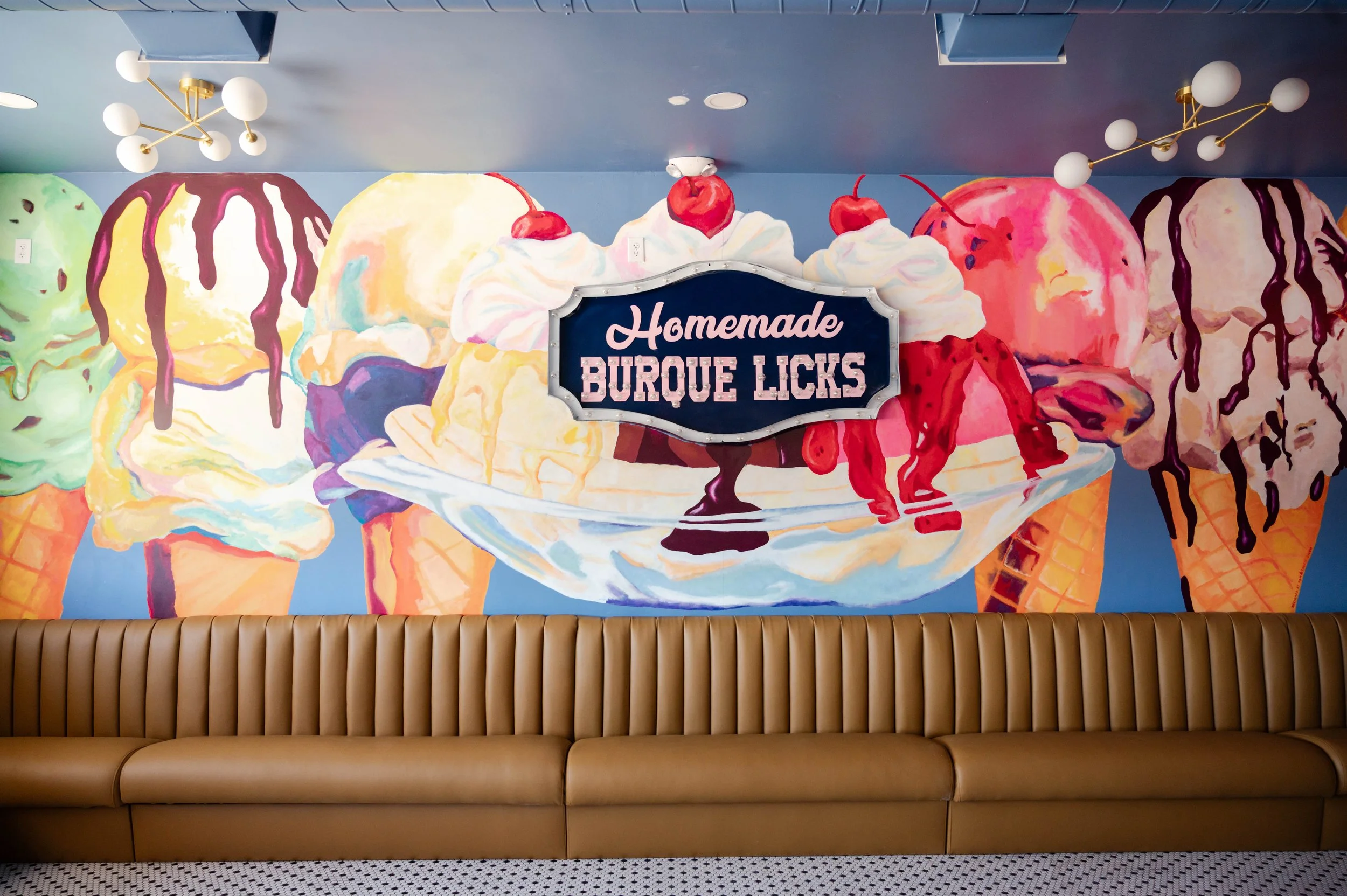 Burque Licks interior, designed by Ham &amp; Cheese Ladies, installed by OKE (Albuquerque, 2025)