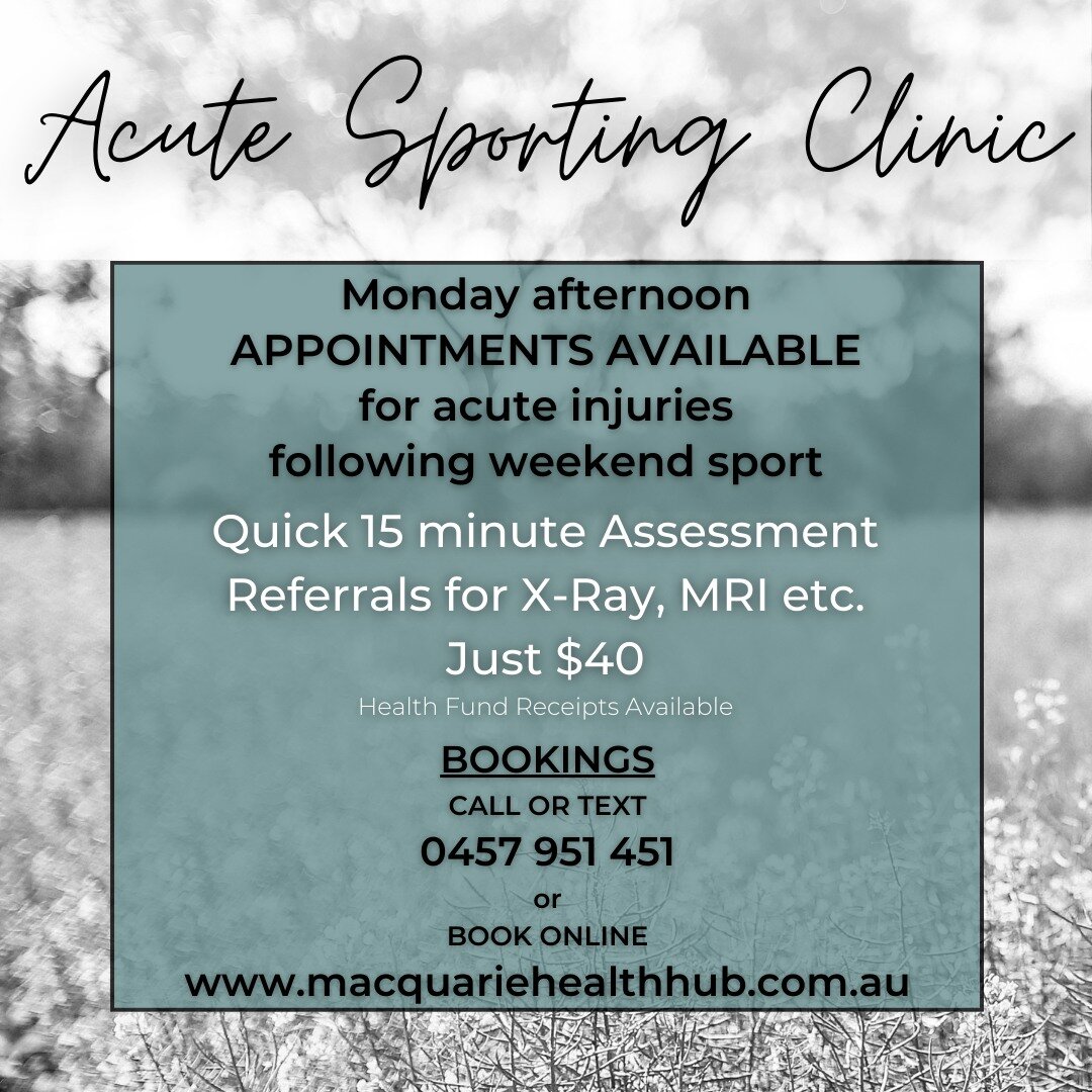 ⚽️🏉 WINTER SPORTS 🏐👟

This winter sports season we will be open for appointments of a Monday afternoon between 4pm-6pm for acute injury consults.
These will be a quick 15min consult for assessment and referrals to X-Rays, MRI etc. for any injuries