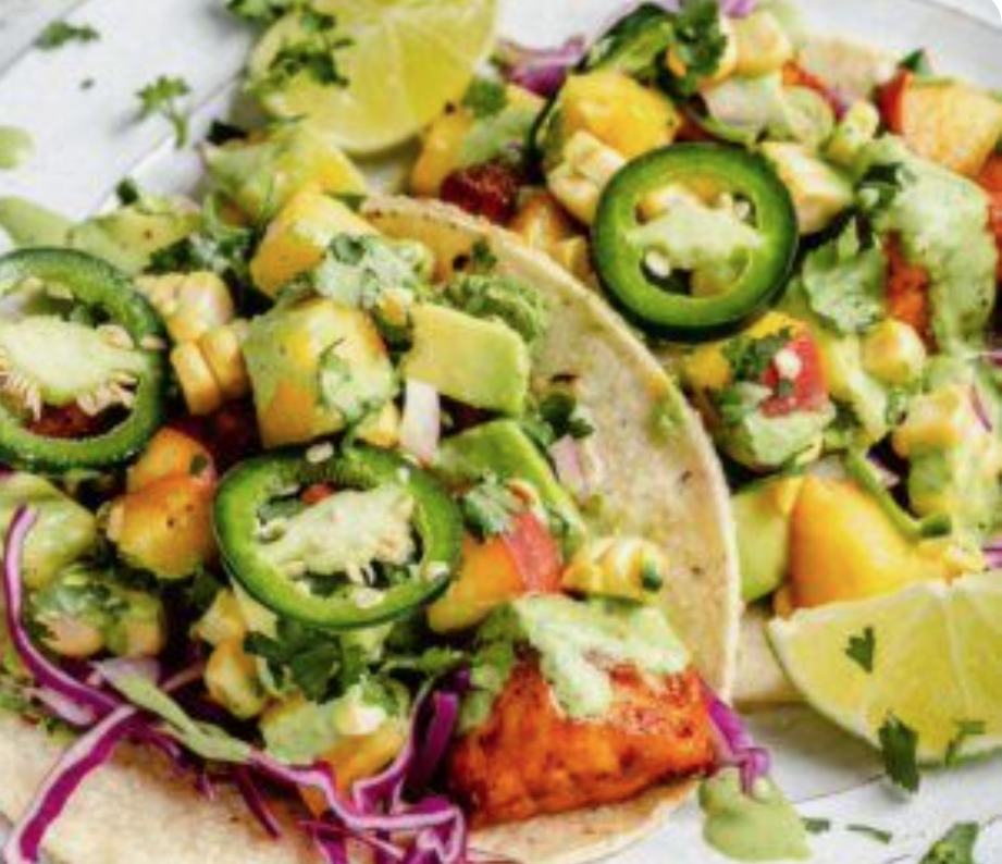 Chipotle Salmon Tacos with Corn Avo Peach Salsa