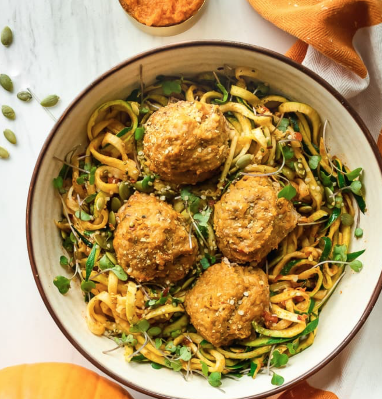 Pumpkin Turkey Meatballs with Zucchini Noodles