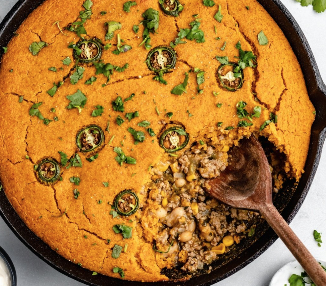 Chicken Chili Pie with Pumpkin Cornbread Crust