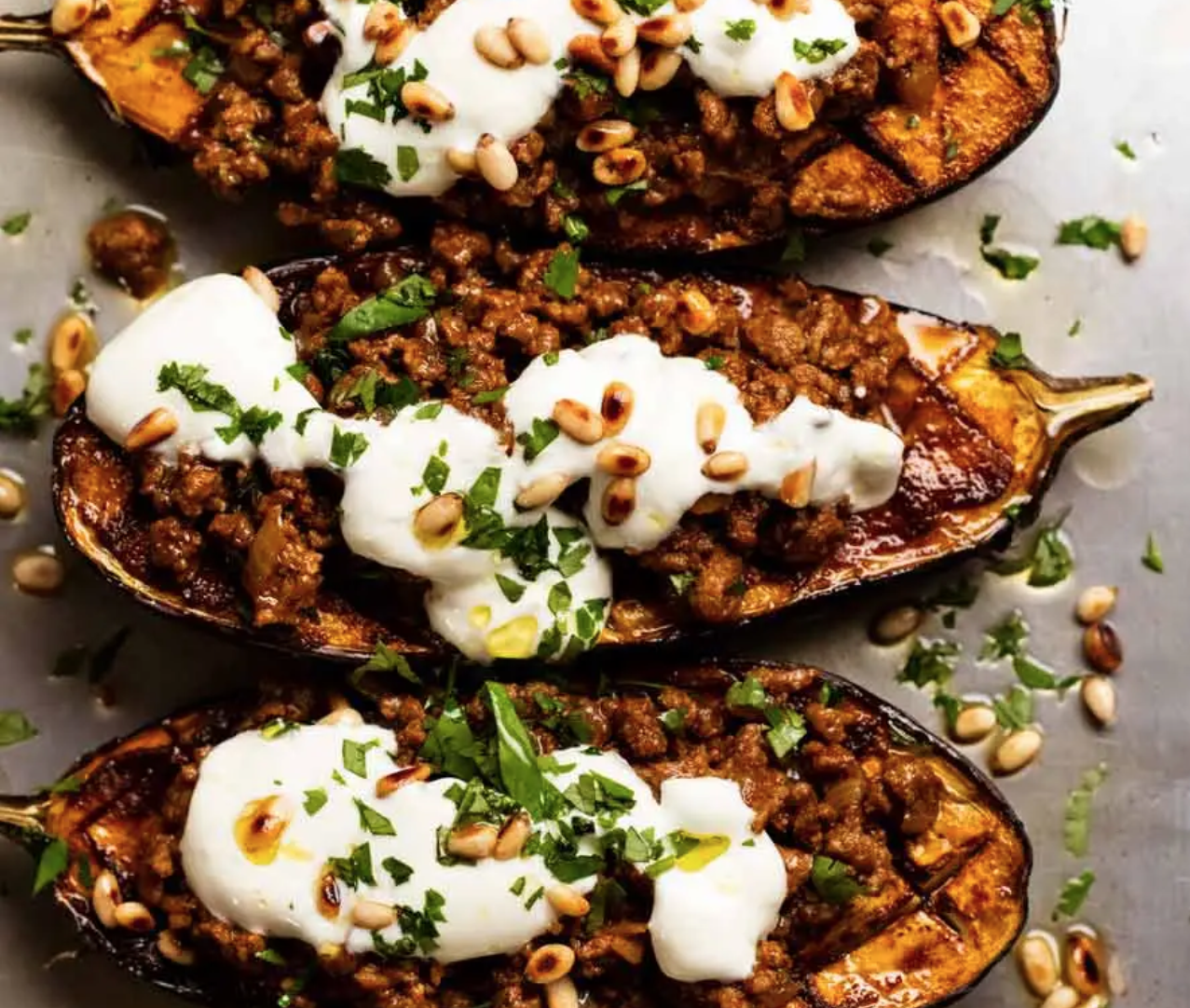 Moroccan Stuffed Eggplant with Yoghurt Sauce