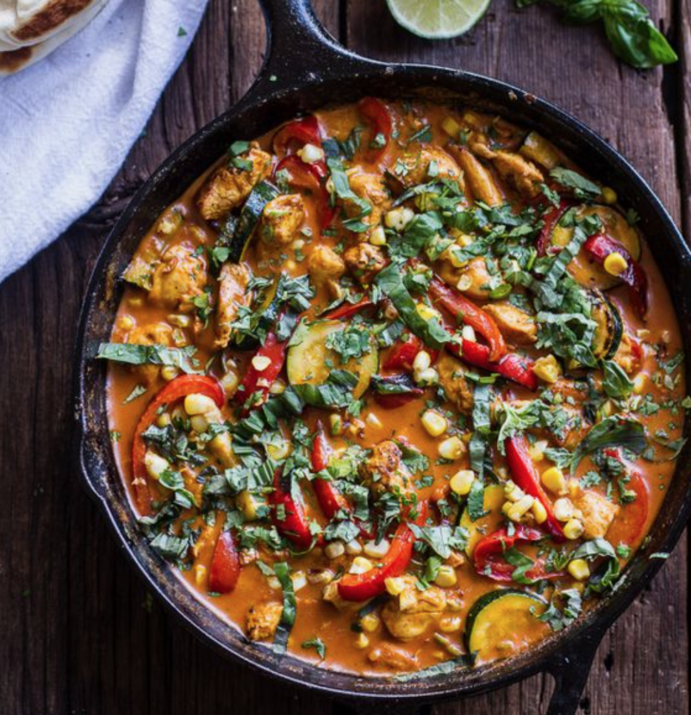 Basil Chicken Curry with Coconut Ginger Lime Rice