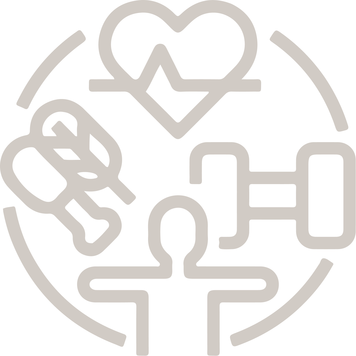 Healthcare and medical icons including a heart with a pulse line, a wheelchair, a pill, a syringe, and a medical file arranged in a circular pattern.
