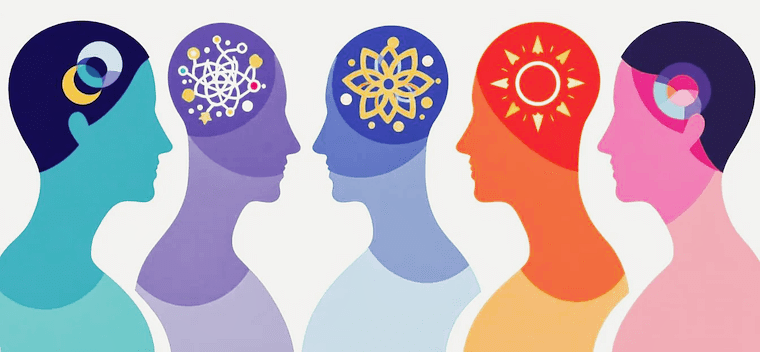 Illustration of five human profiles with colorful abstract designs inside their heads, representing various thoughts or ideas.