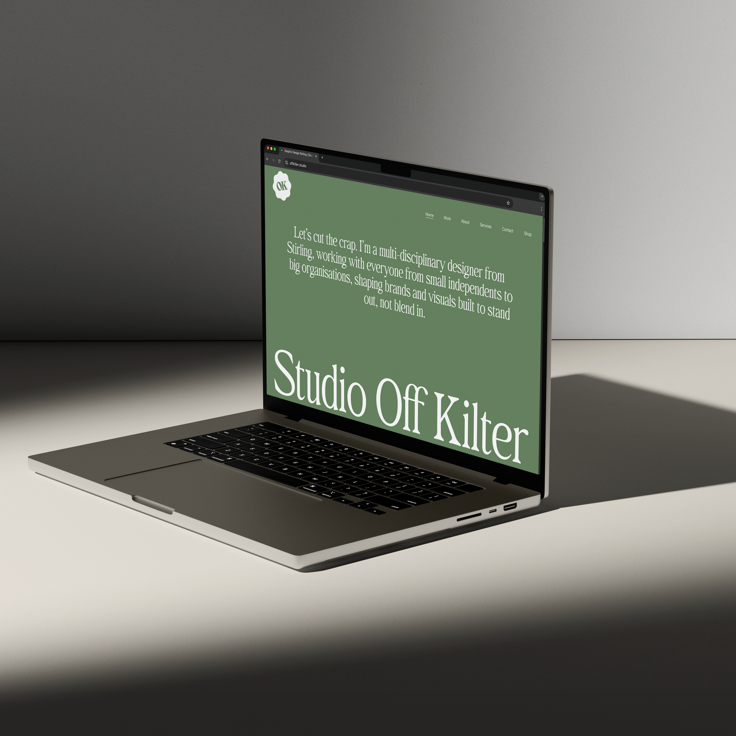Studio Off Kilter website refresh shown on laptop, freelance graphic designer based in Stirling