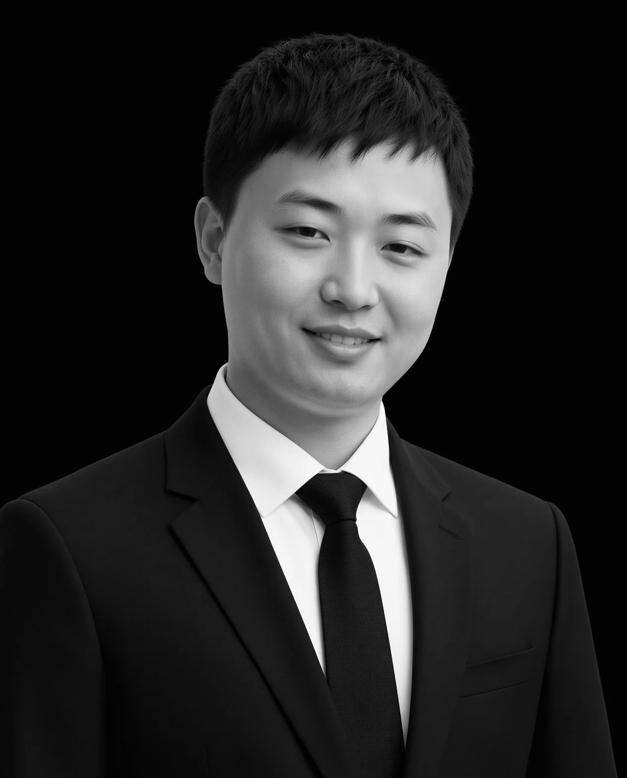 Black and white portrait of a young man in a suit and tie, smiling slightly, against a plain dark background.