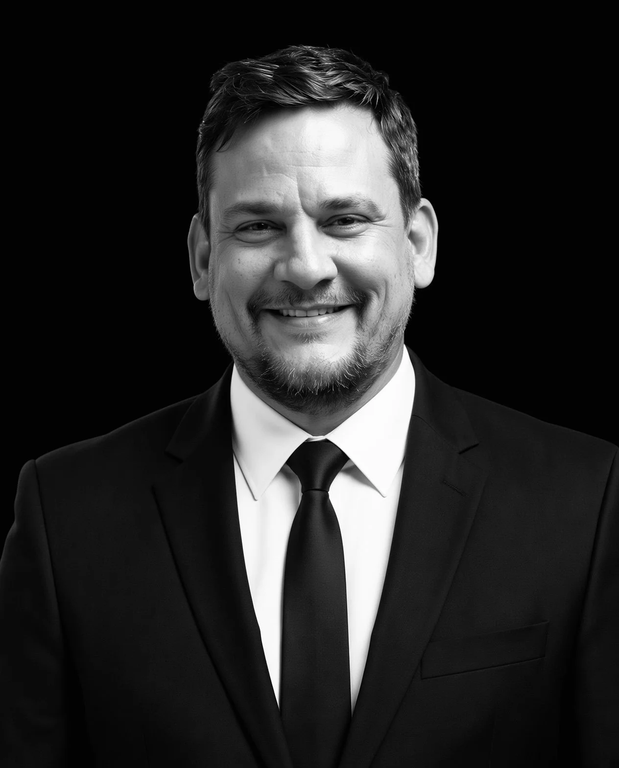 Black and white portrait of a smiling man in a suit and tie against a black background.
