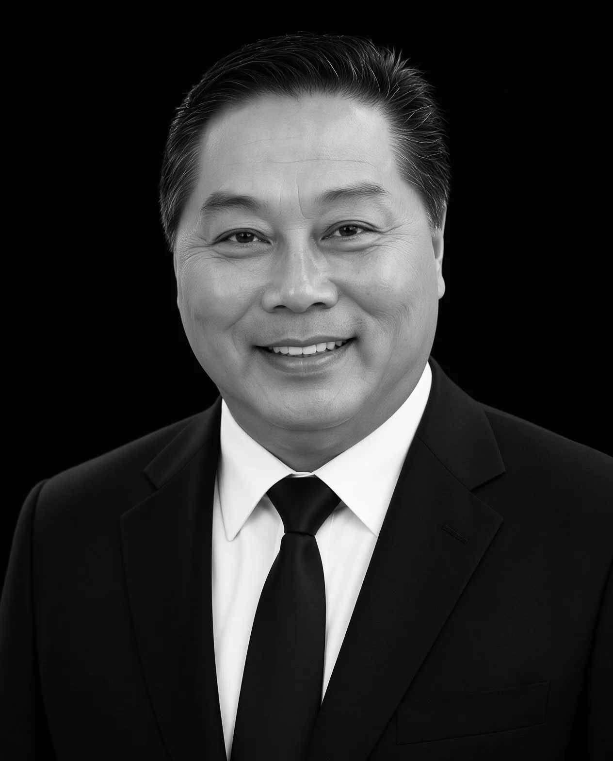 Black and white professional portrait of a man in a suit and tie smiling.