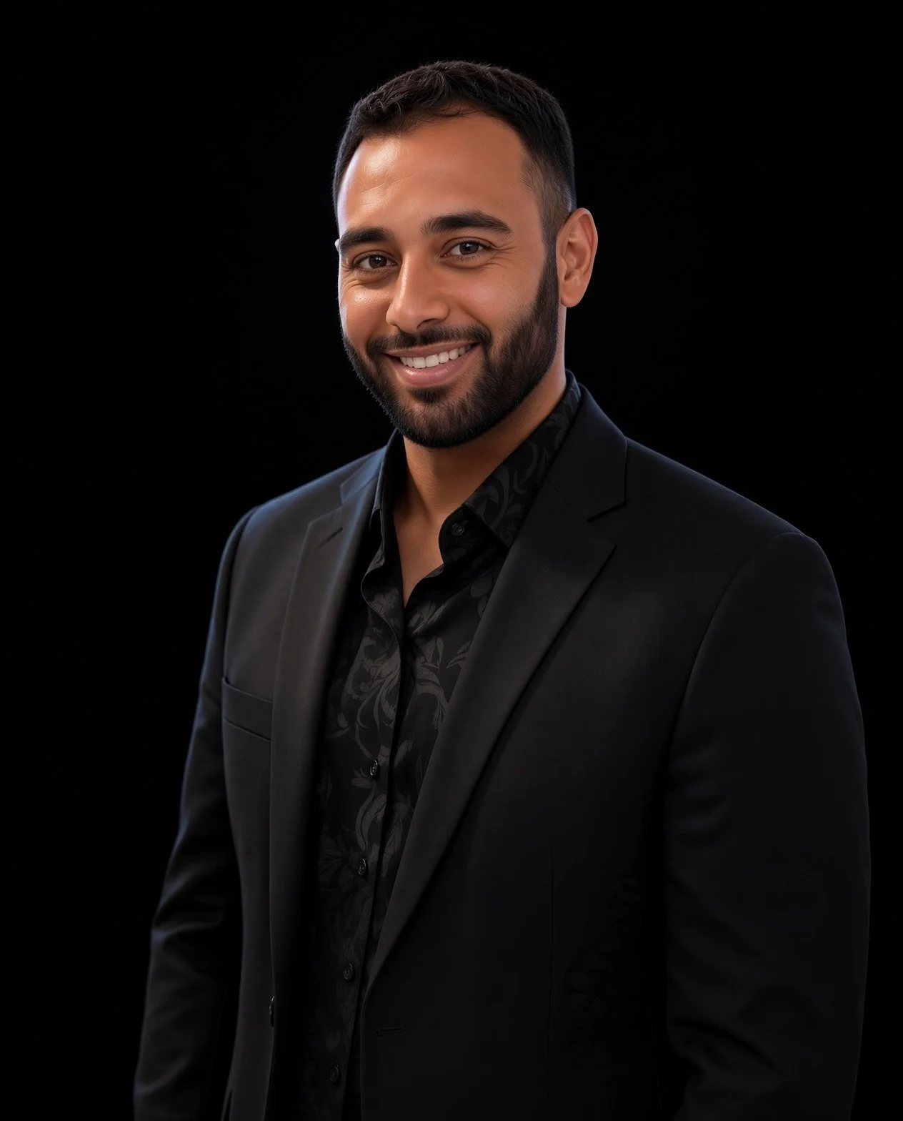 A young man with dark hair and a beard, smiling, wearing a black suit and patterned black shirt, against a black background.