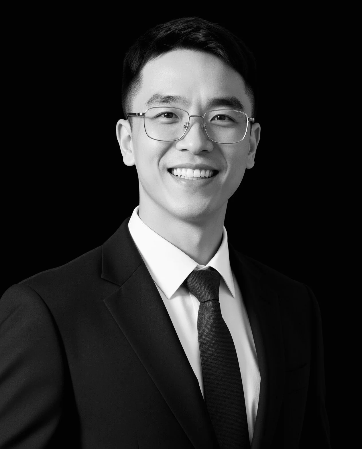 Professional portrait of a smiling young man in a suit and tie, wearing glasses against a black background.