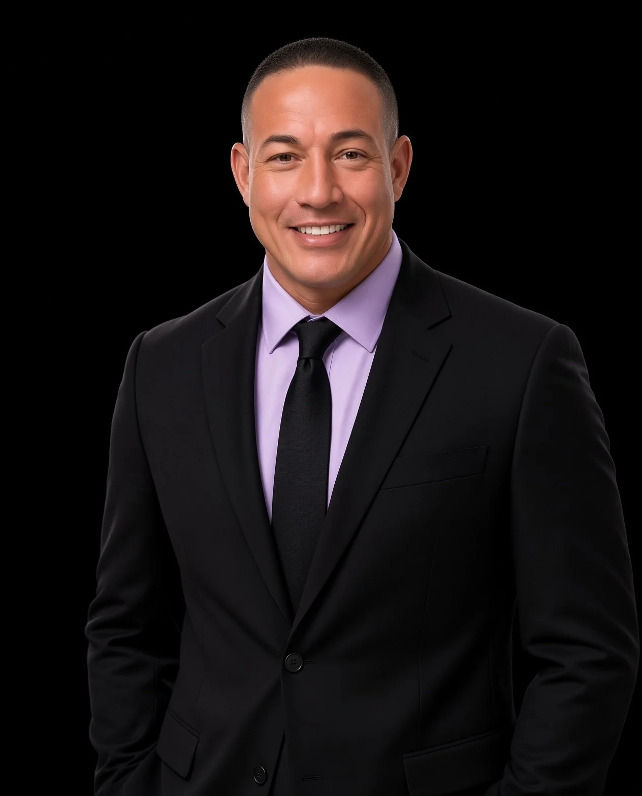 A man in a black suit, lavender shirt, and black tie smiling against a black background.