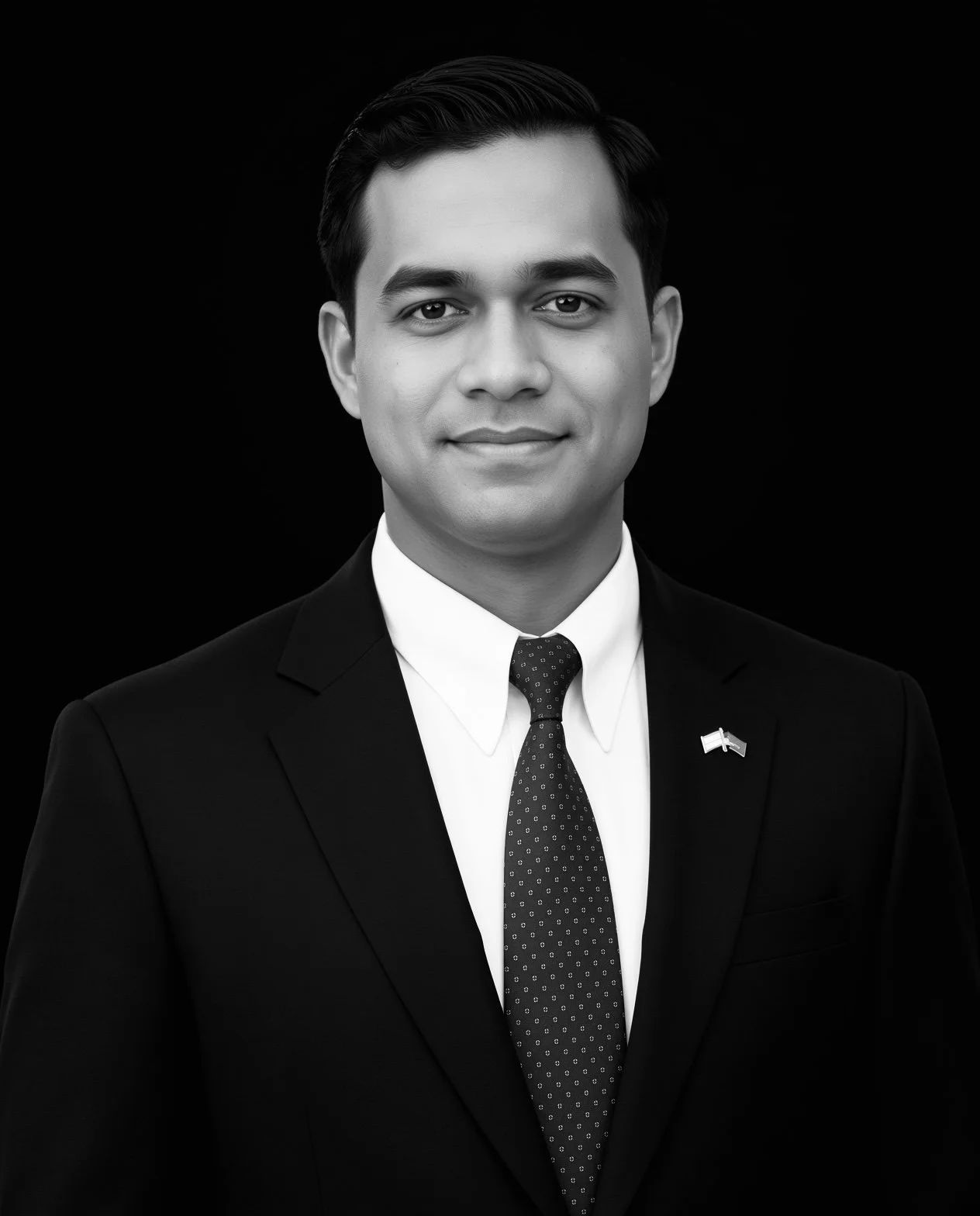 Black and white professional headshot of a man in a suit with a tie, wearing a pin of the United States flag, against a black background.