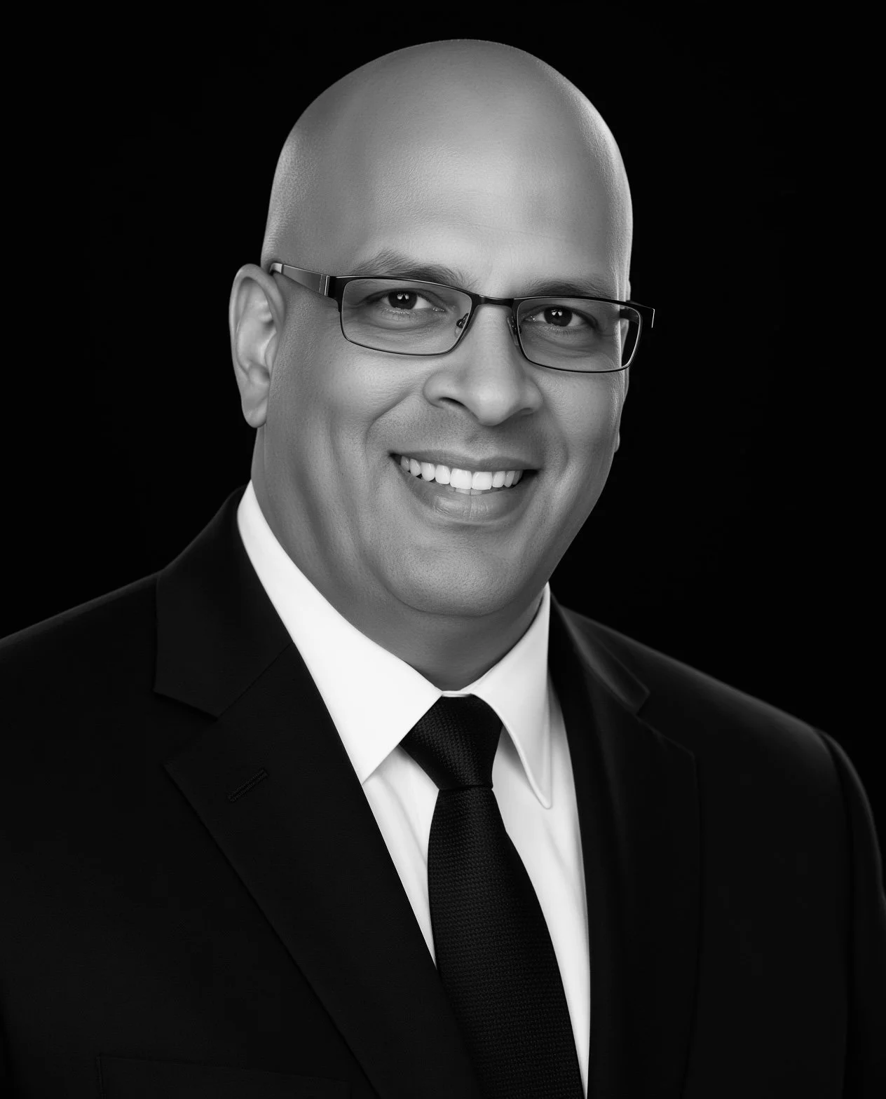 Black-and-white portrait of a smiling man wearing glasses, a dark suit, white shirt, and black tie, against a black background.