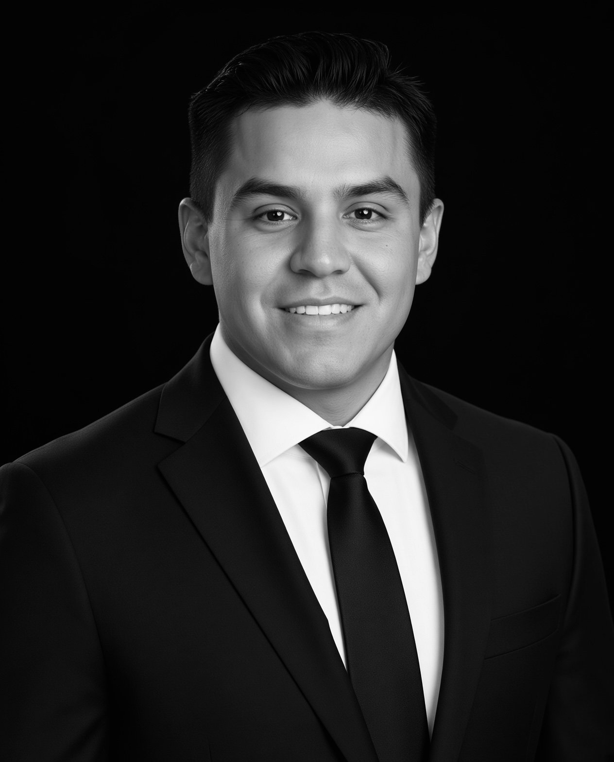 Black and white professional portrait of a young man in a suit and tie, smiling, against a dark background