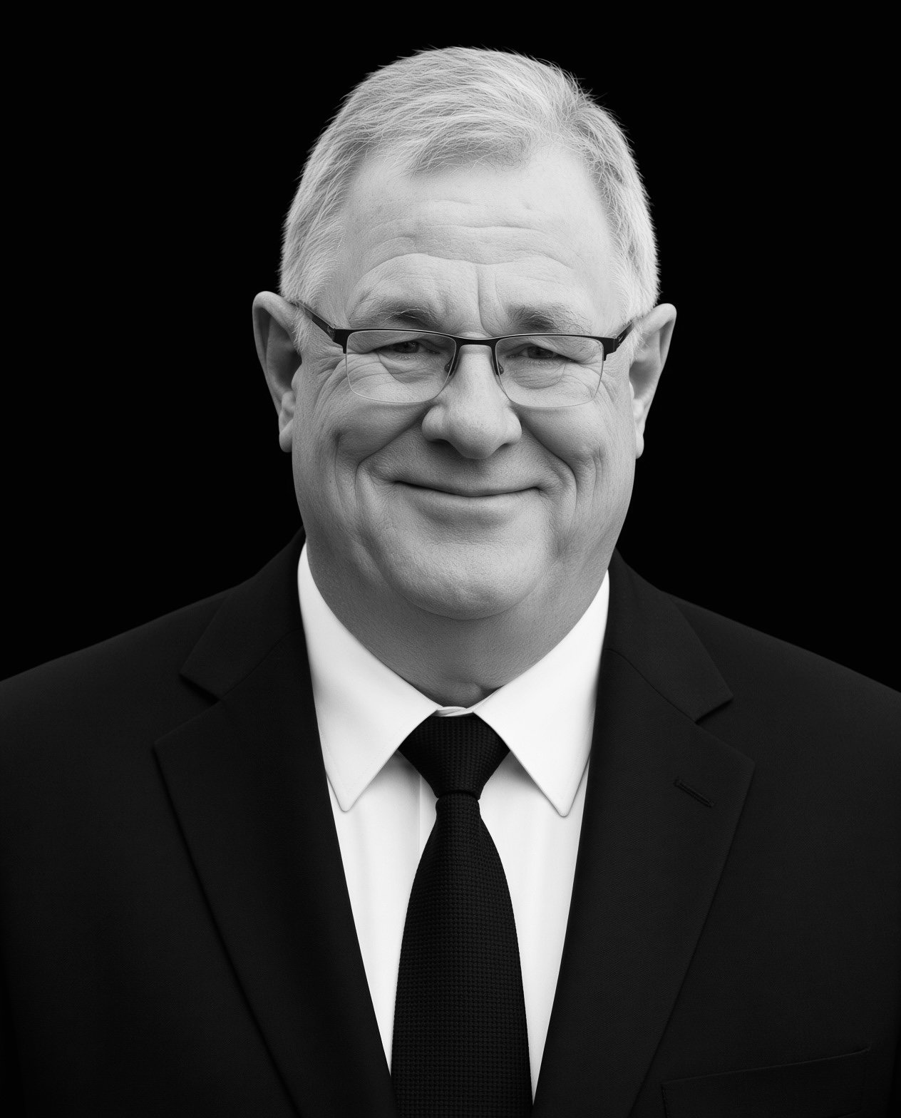 Black-and-white portrait of a smiling man with glasses, wearing a suit and tie, against a solid black background.