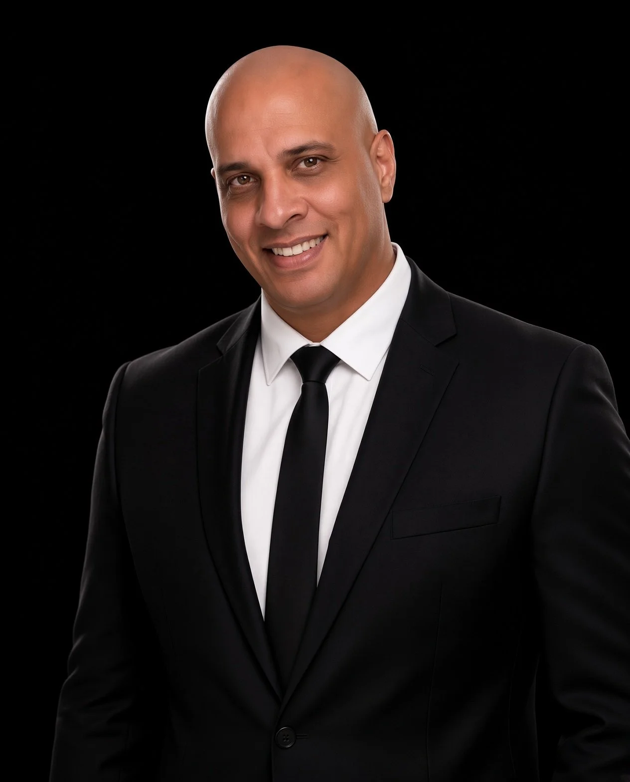 A bald man wearing a black suit, white shirt, and black tie, smiling against a black background.
