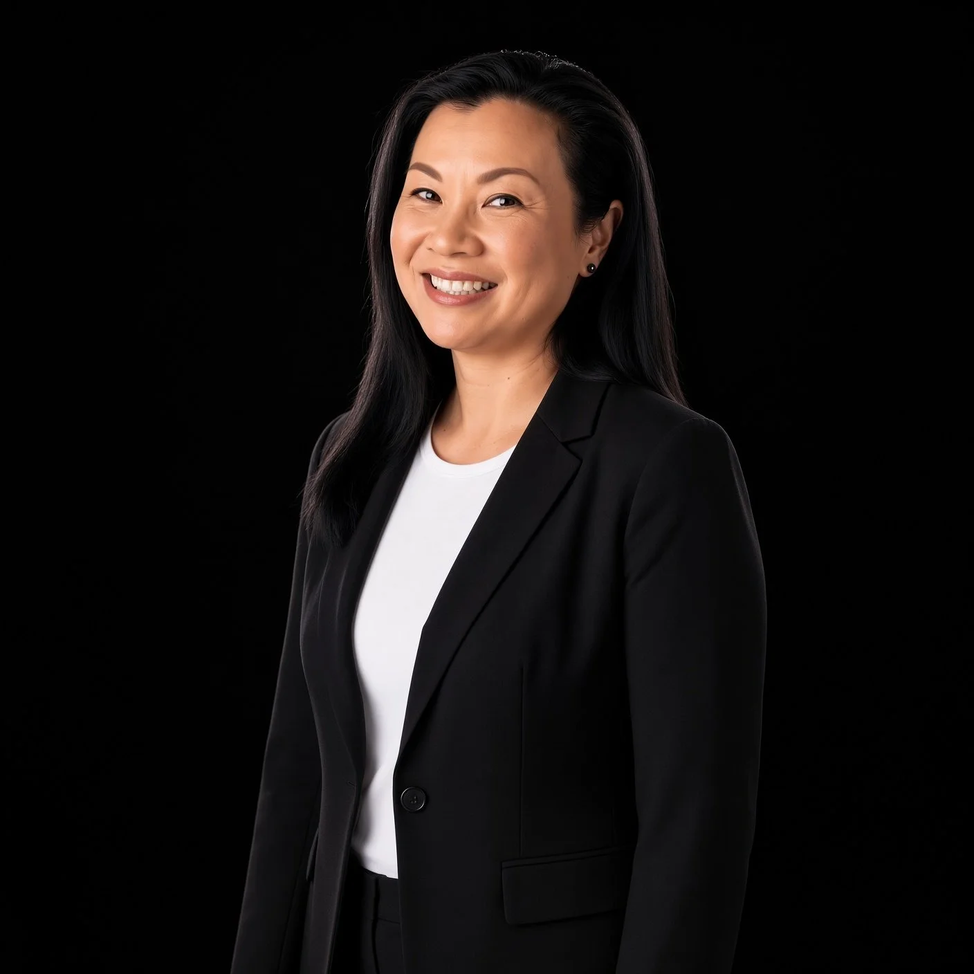 Asian woman with long black hair smiling, wearing a black blazer and white shirt against a black background.