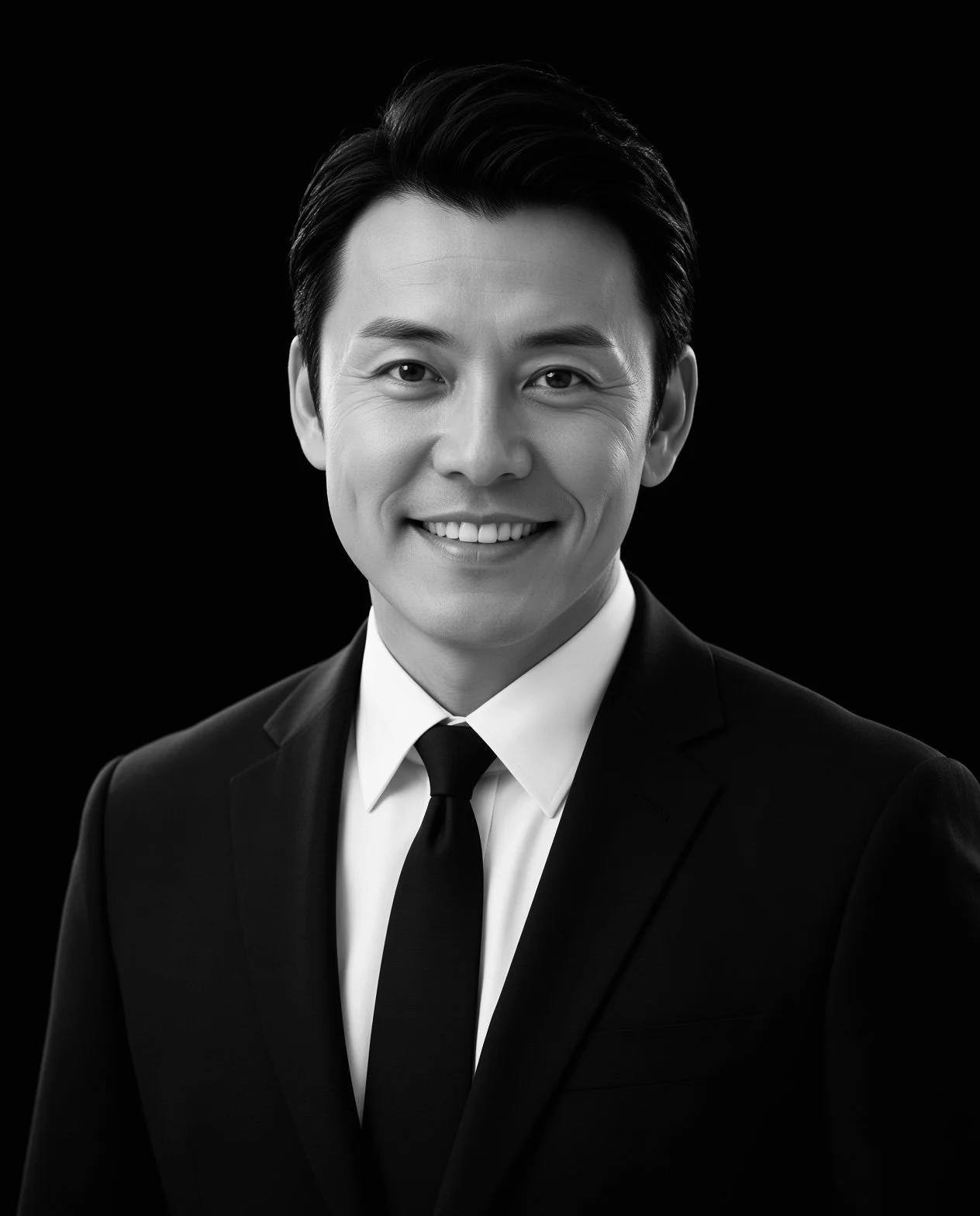Black and white portrait of a smiling Asian man in a formal suit with a tie, against a black background.