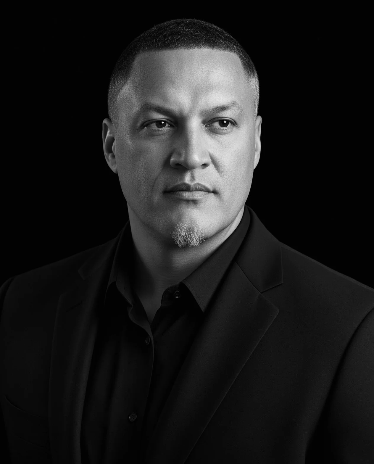 Black and white portrait of a man with short hair and a small goatee, wearing a suit jacket and shirt, looking to the side against a dark background.