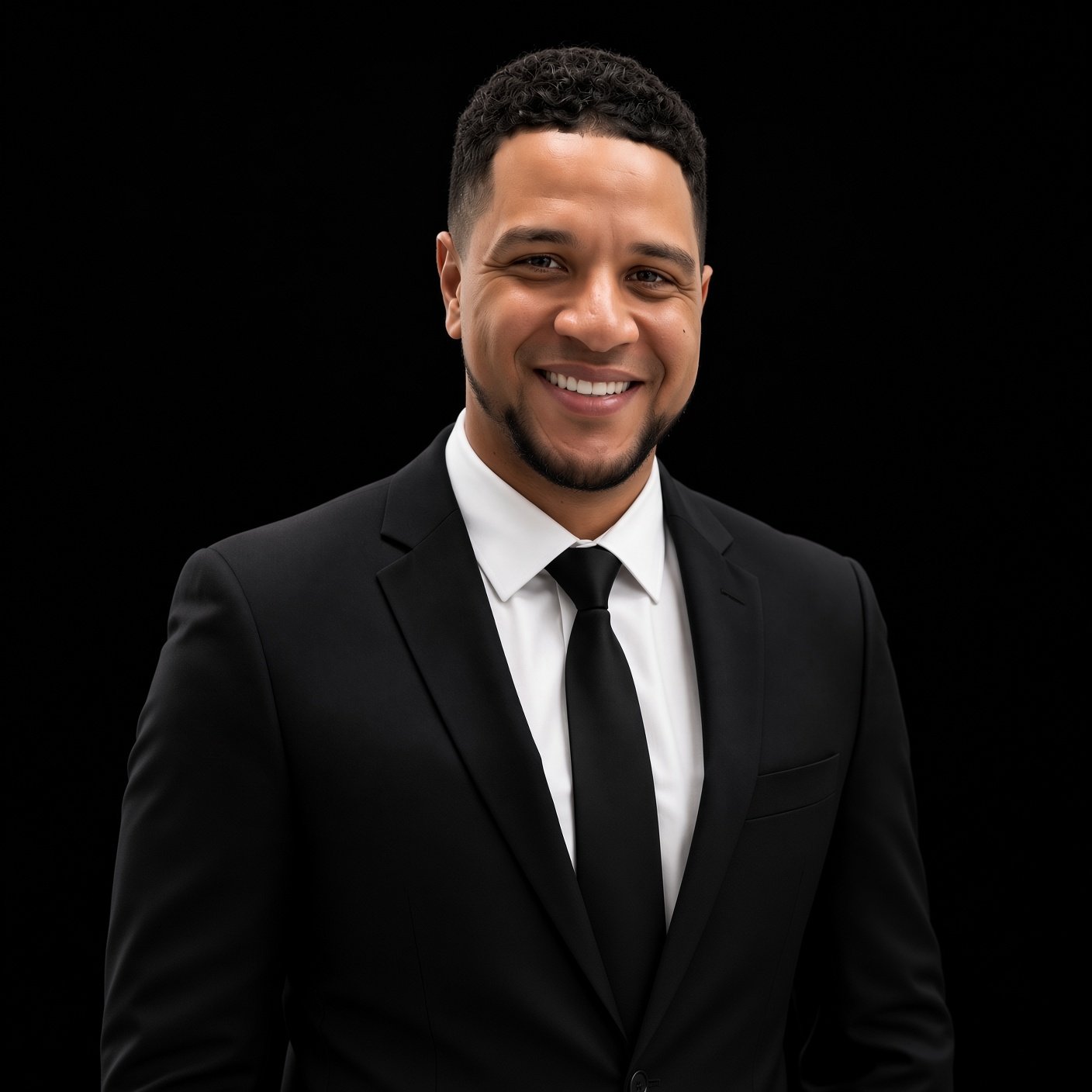 A young man in a black suit with a white shirt and black tie smiling against a black background.