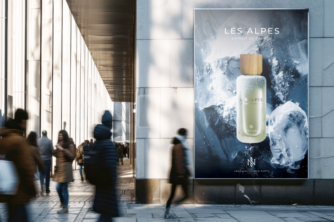 Publicité pour un parfum nommé "Les Alpes" montrant une bouteille avec un bouchon en bois, entourée de glaçons et d'eau en mouvement, avec des montagnes en arrière-plan.