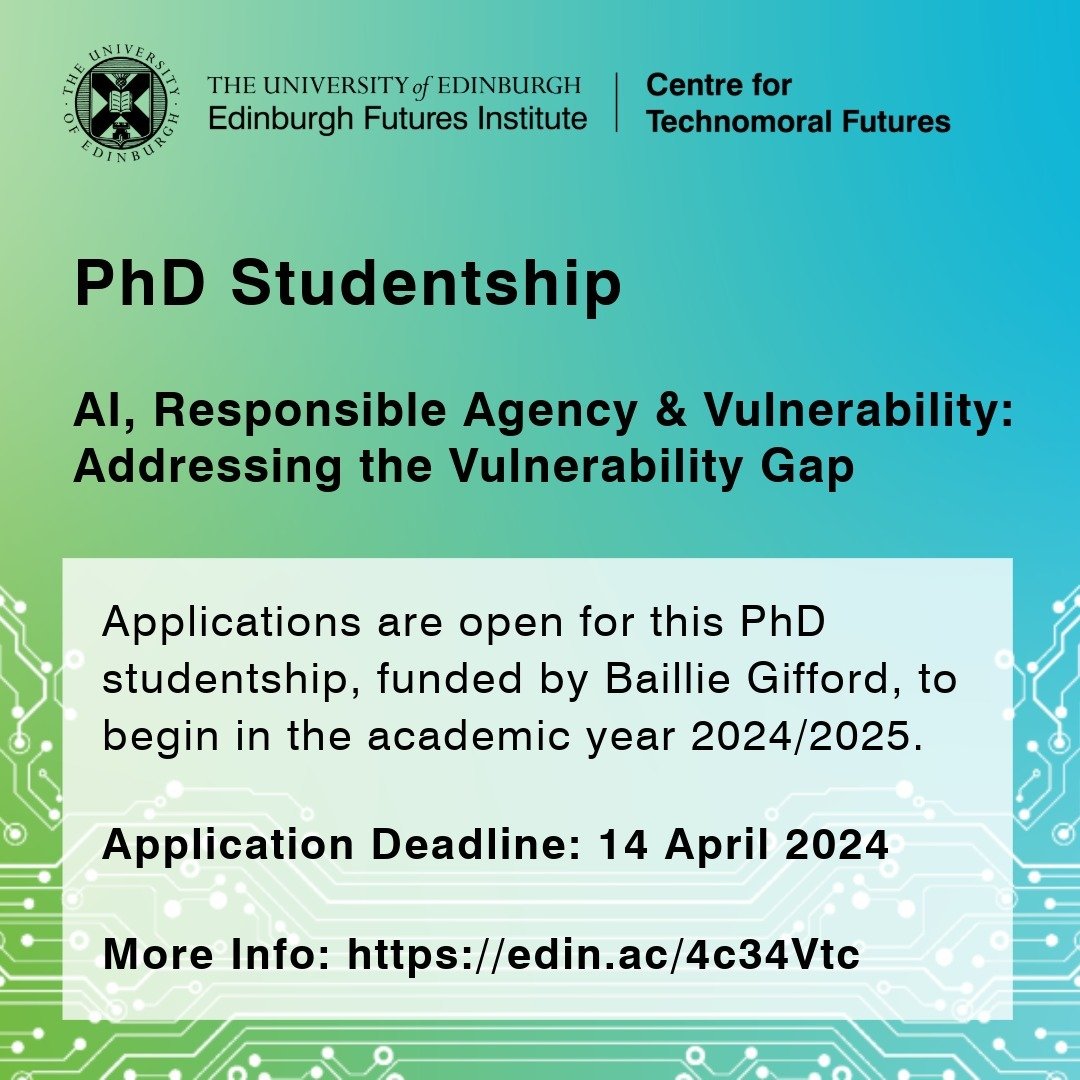 There's less than a week left to apply for our fully funded PhD studentship looking at AI, Responsible Agency &amp; Vulnerability!

Click the link in our bio to learn more and apply!

#ChallengeCreateChange #PhDStudentship #ResponsibleAI #ArtifcialIn