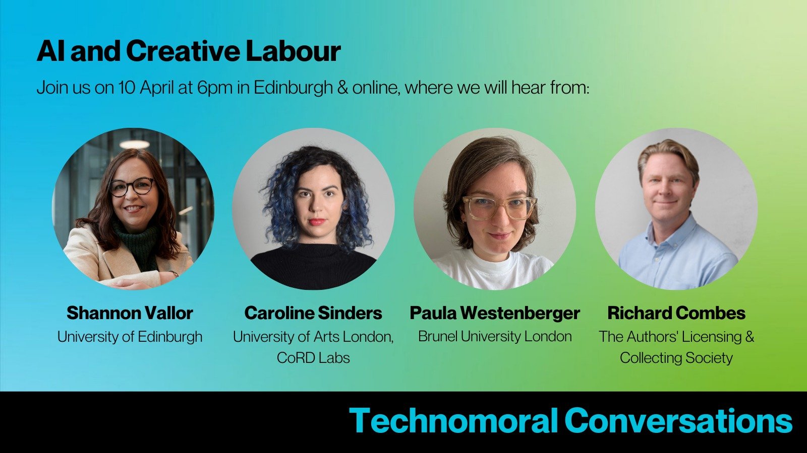 Just over a week to go until our Technomoral Conversation on AI &amp; Creative Labour! 

📅 Thursday 10 April at 18.00 
📍 Edinburgh Futures Institute &amp; online 

During this event we'll look at issues ranging from the AI industry&rsquo;s copyrigh