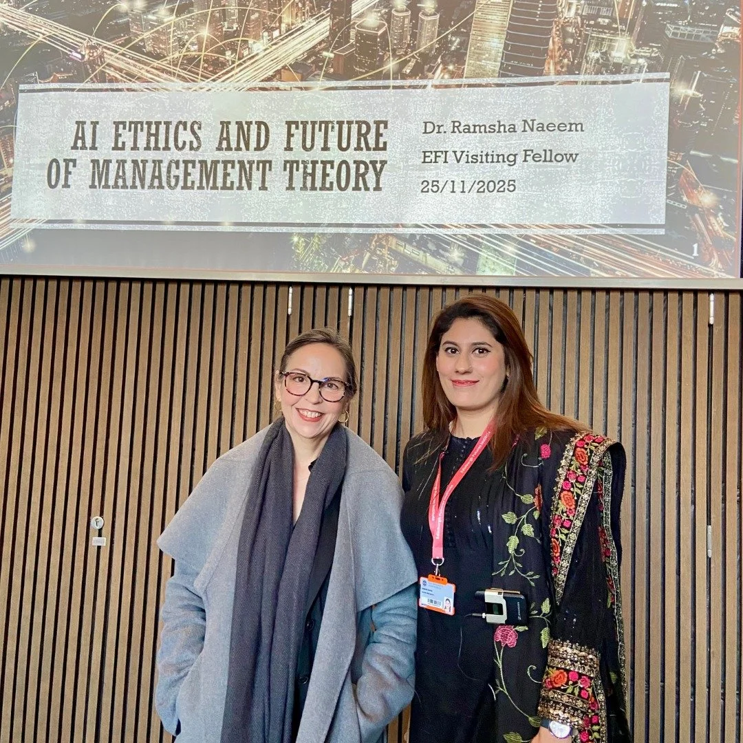 Currently a Visiting Fellow @uoe_efi, Dr Ramsha Naeem is investigating how AI reshapes employee thinking, behaviour, and workplace dynamics, and what ethical frameworks are needed to guide its adoption across cultural contexts in Pakistan and the UK.