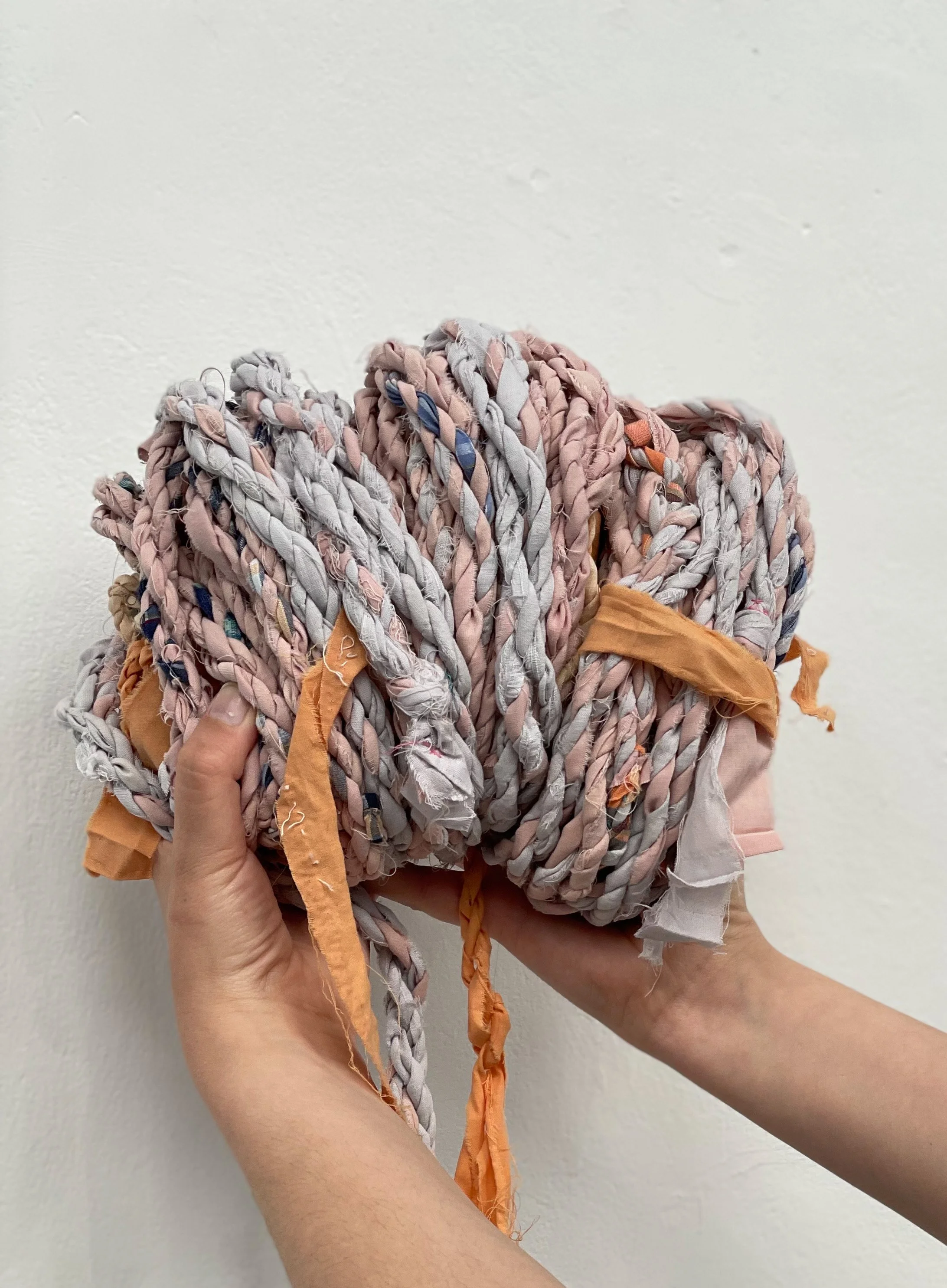 Jacob's Ladder, 2020, 3 ropes each approx. 6.15 m. in length, up-cycled fabrics and pieces of my deceased grandfather's shirts 