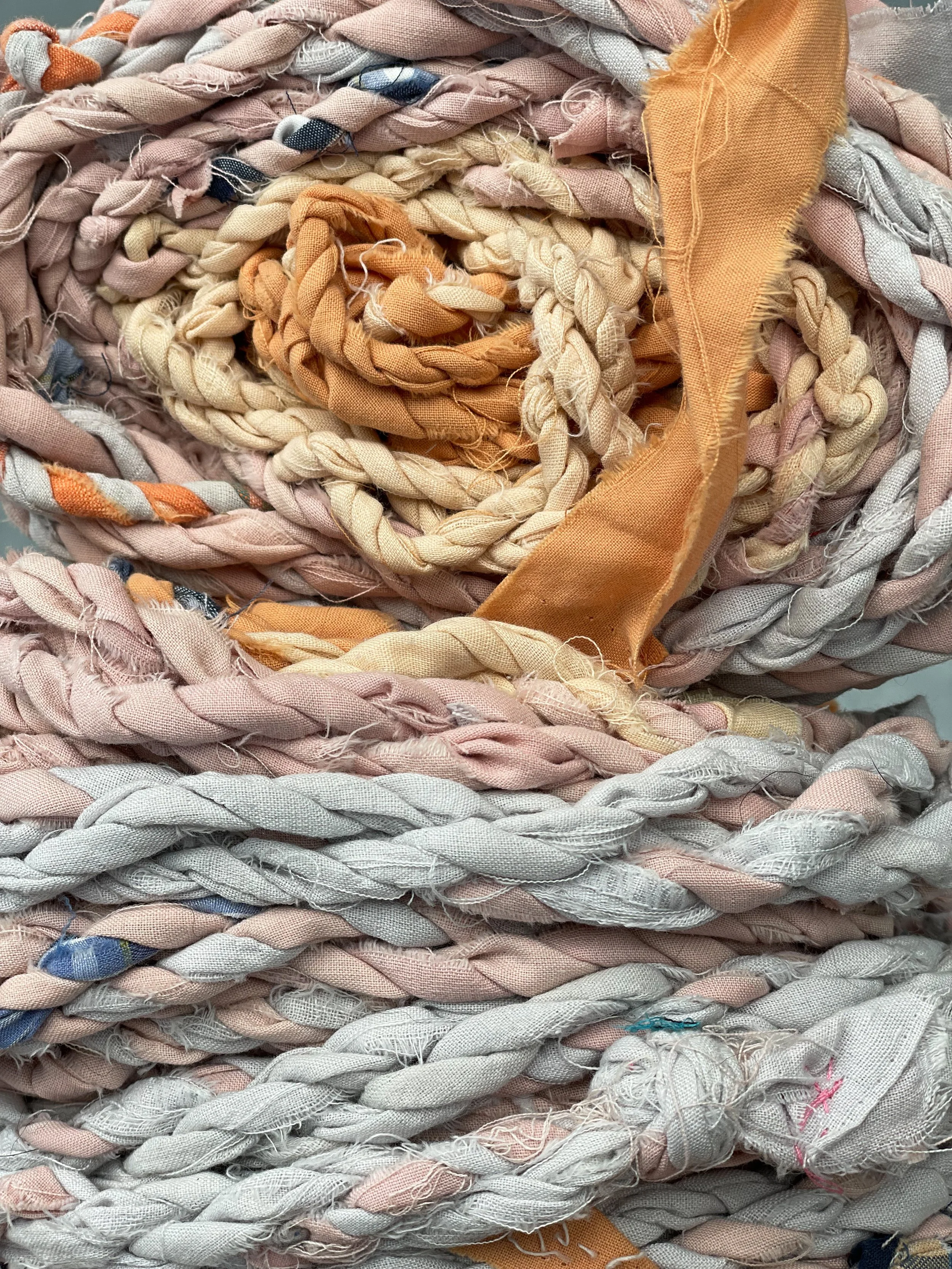 Jacob's Ladder, 2020, 3 ropes each approx. 6.15 m. in length, up-cycled fabrics and pieces of my deceased grandfather's shirts 