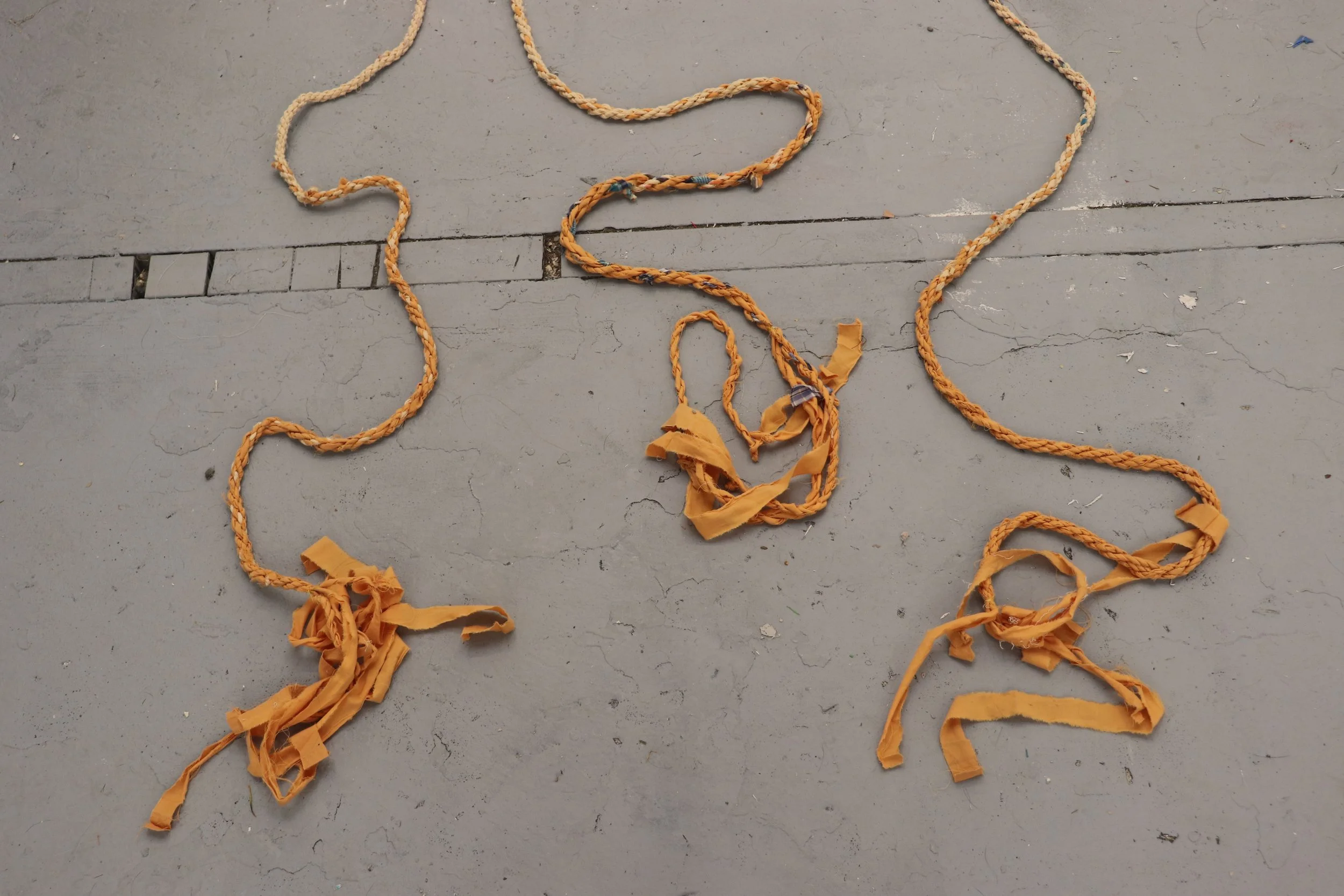 Jacob's Ladder, 2020, 3 ropes each approx. 6.15 m. in length, up-cycled fabrics and pieces of my deceased grandfather's shirts 